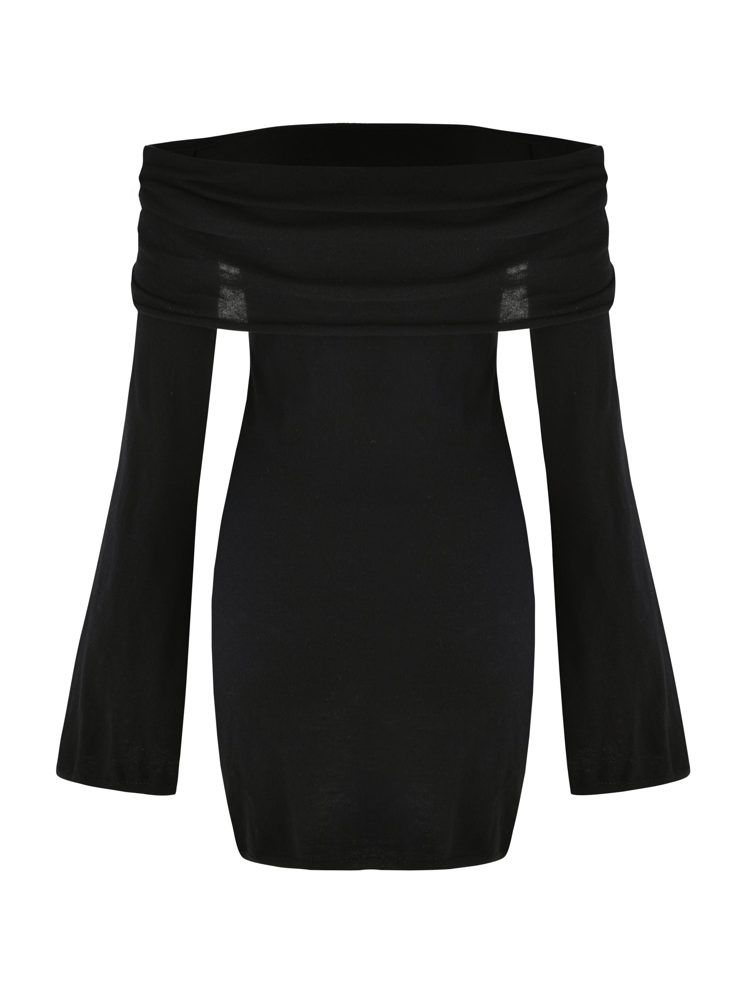 The DIEDRE JUMPER DRESS from TIGERMIST is a black off-the-shoulder, long-sleeve dress with a fitted bodice and flared sleeves. This fully fashioned knit piece features a wide, fold-over neckline that extends across the shoulders, creating a subtle drape effect.