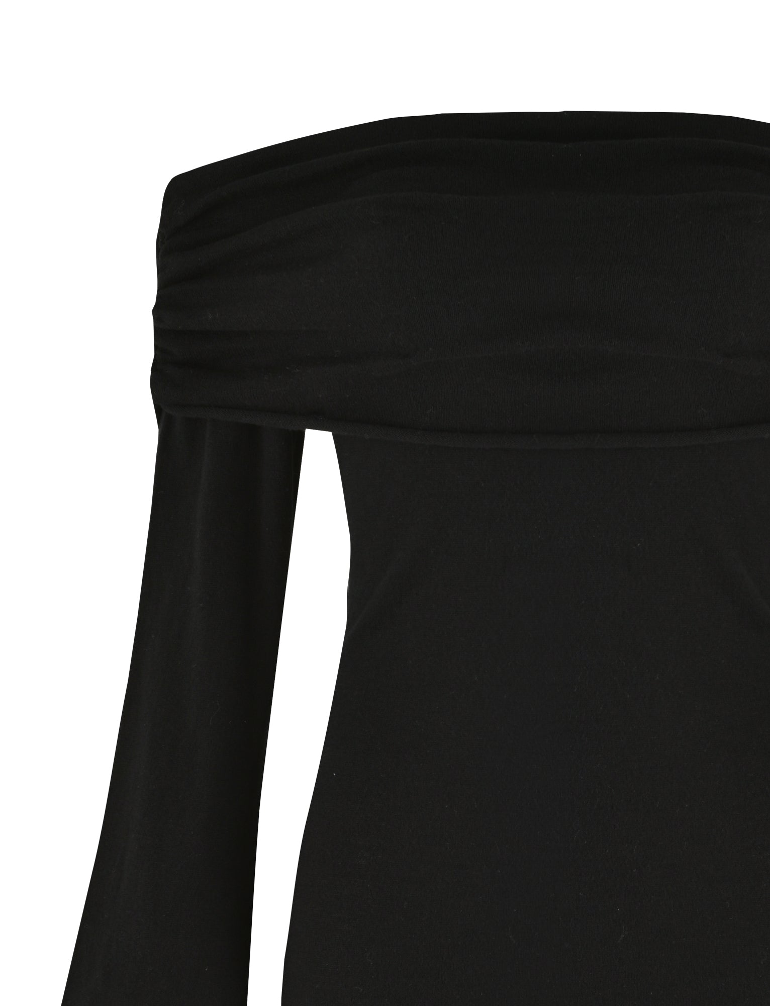 Close-up of the DIEDRE JUMPER DRESS - BLACK by TIGERMIST, featuring a black off-the-shoulder design with long sleeves. The fully fashioned knit fabric is slightly folded or gathered at the top edge, creating a soft, elegant drape. The image showcases the upper part of the dress, highlighting its sleek and classic fitted silhouette.