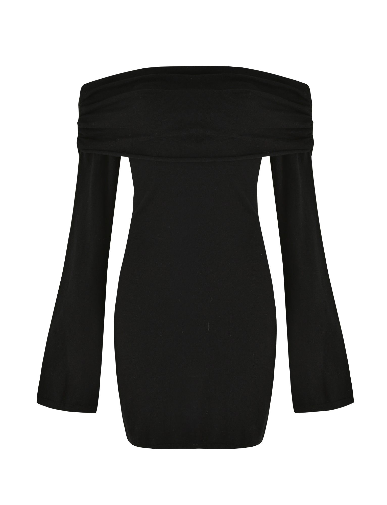 The DIEDRE JUMPER DRESS - BLACK by TIGERMIST is an elegant black off-the-shoulder piece featuring long bell sleeves. Its wide band neckline beautifully showcases the collarbone area. This fully fashioned knit dress boasts a fitted silhouette and extends to mid-thigh length, making it a stylish choice for any occasion.