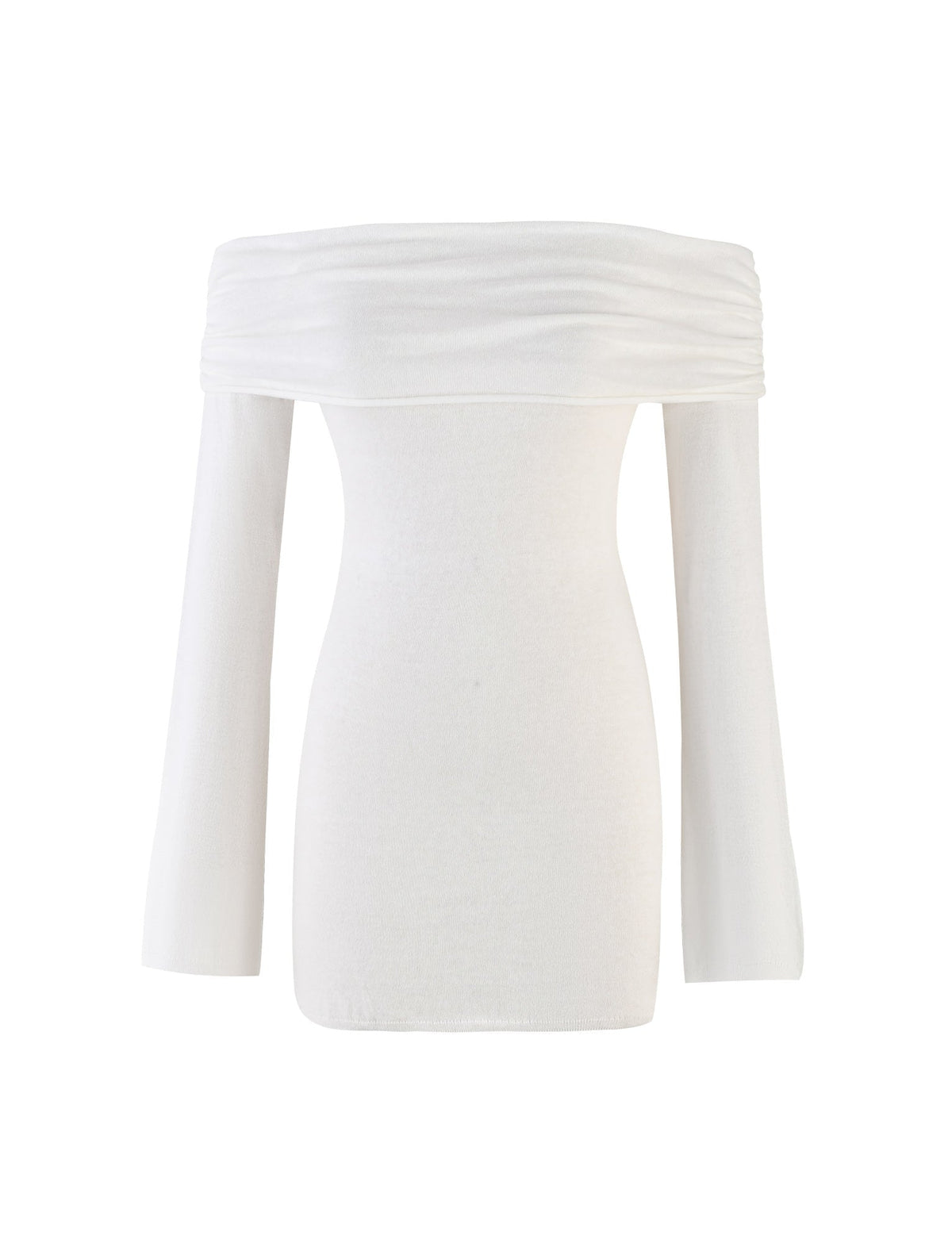 The DIEDRE JUMPER DRESS - WHITE : CREAM by TIGERMIST features a chic, off-the-shoulder design with long sleeves. The fitted bodice and slightly ruched neckline sit stylishly across the shoulders, exuding both elegance and modernity. Made from soft, stretchy fabric, this piece perfectly captures the sophisticated style associated with TIGERMIST.