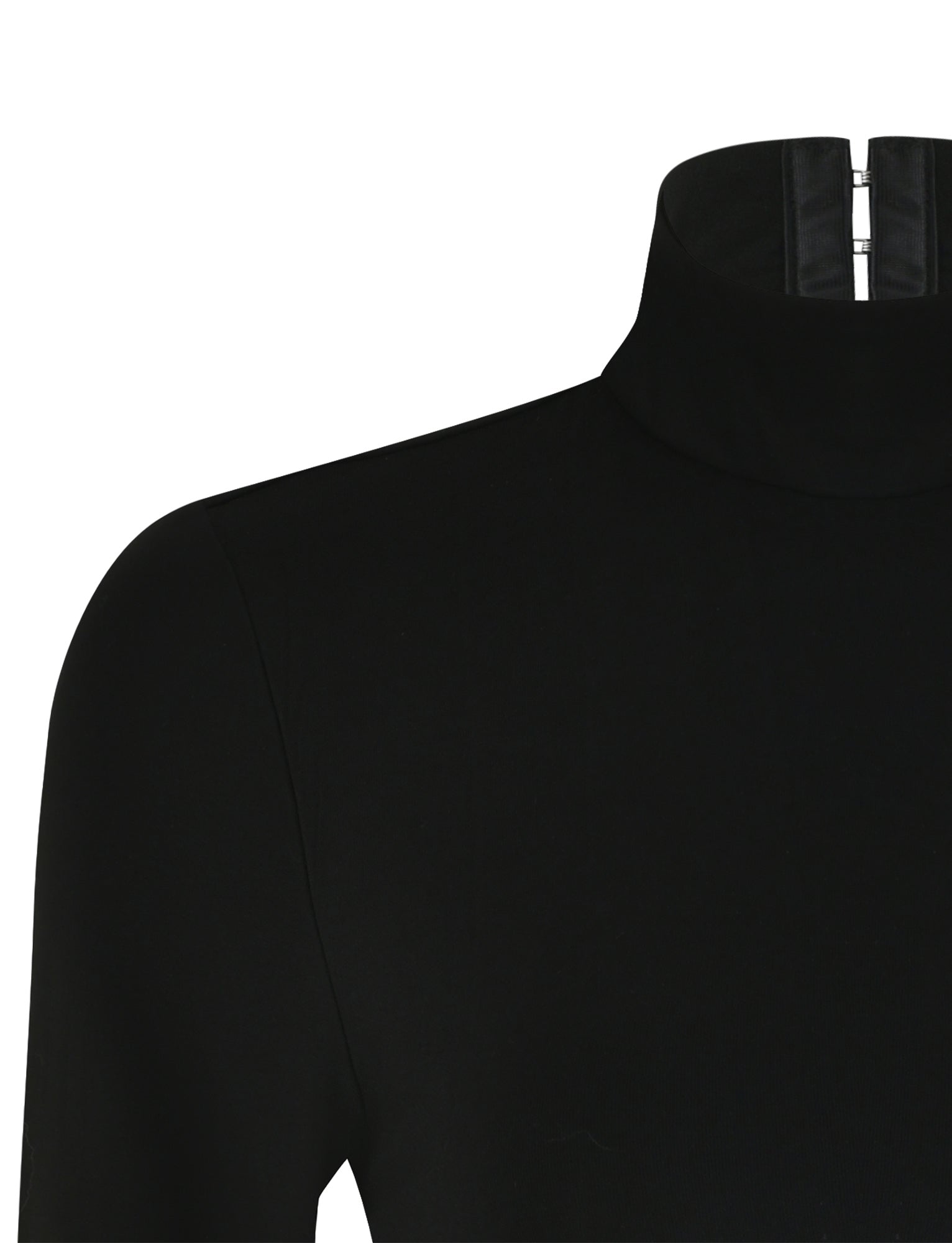 A close-up view of the AKARI BODYSUIT in black from TIGERMIST, showcasing a zipper detail at the back of the neck. The fabric looks smooth and slightly stretchy, with part of the shoulder and upper sleeve visible.