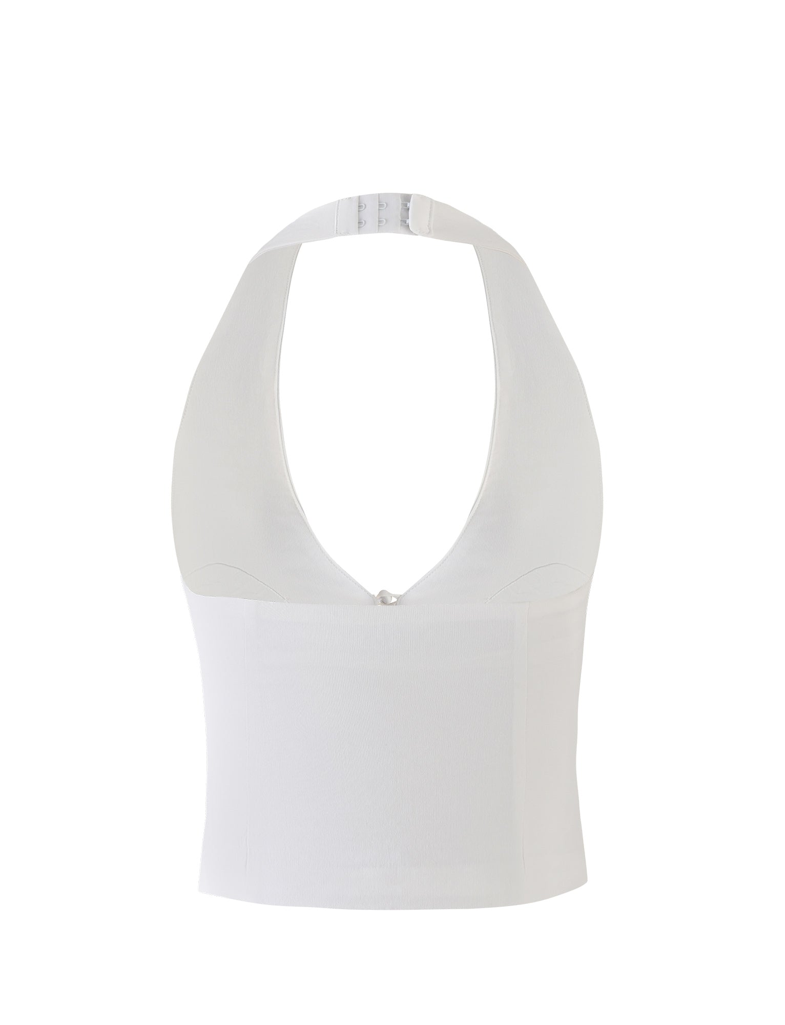 The HALSEY TOP - WHITE : CREAM from TIGERMIST features a deep V-neckline with a small clasp at the back of the neck. This minimalist, white halter neck top has a fitted, cropped style with clean lines and a smooth texture.