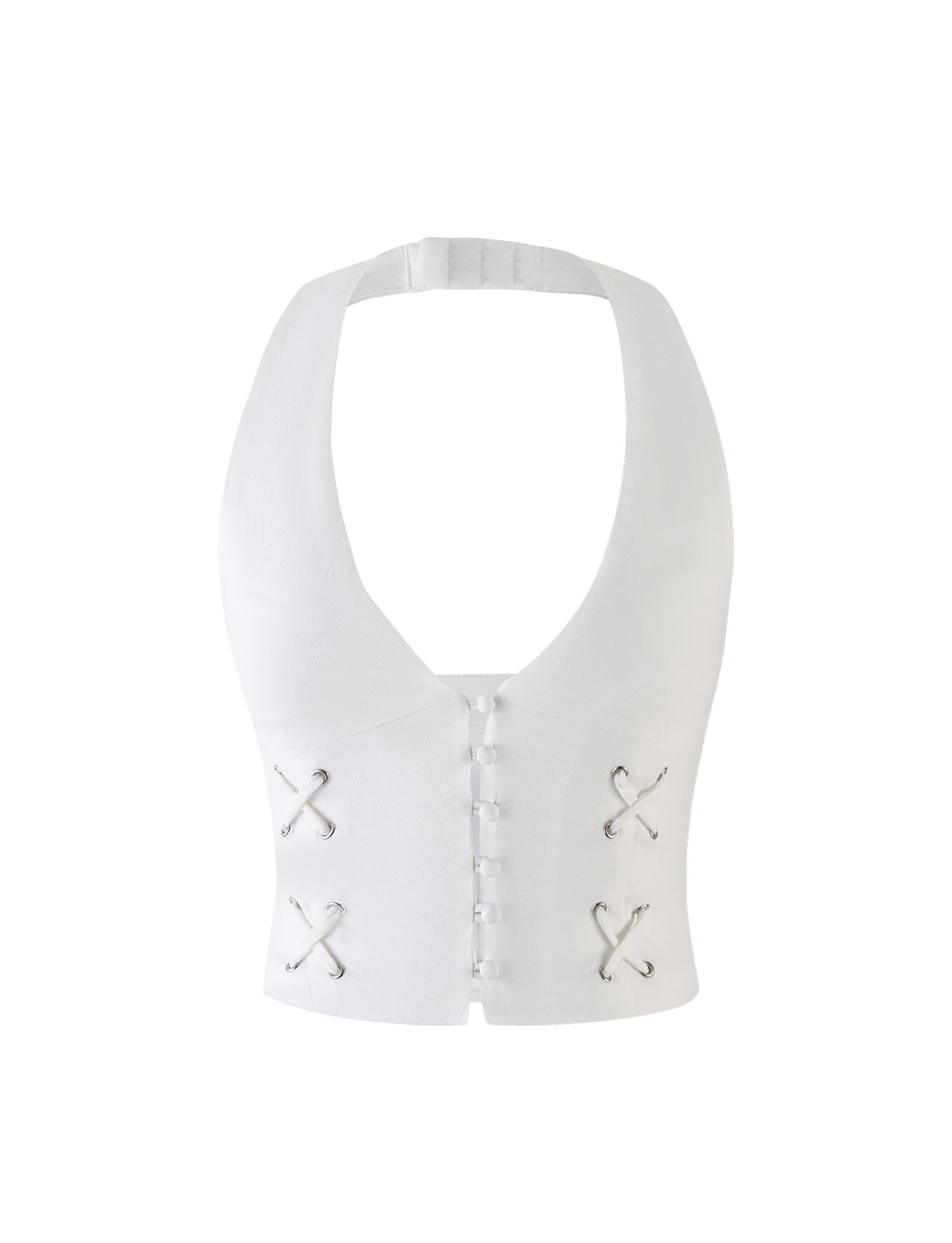 The HALSEY TOP - WHITE : CREAM from TIGERMIST is a white, sleeveless halter top featuring a deep neckline, button closure down the front, and decorative criss-cross lace-up details on each side of the torso. The fabric appears to have a textured finish.