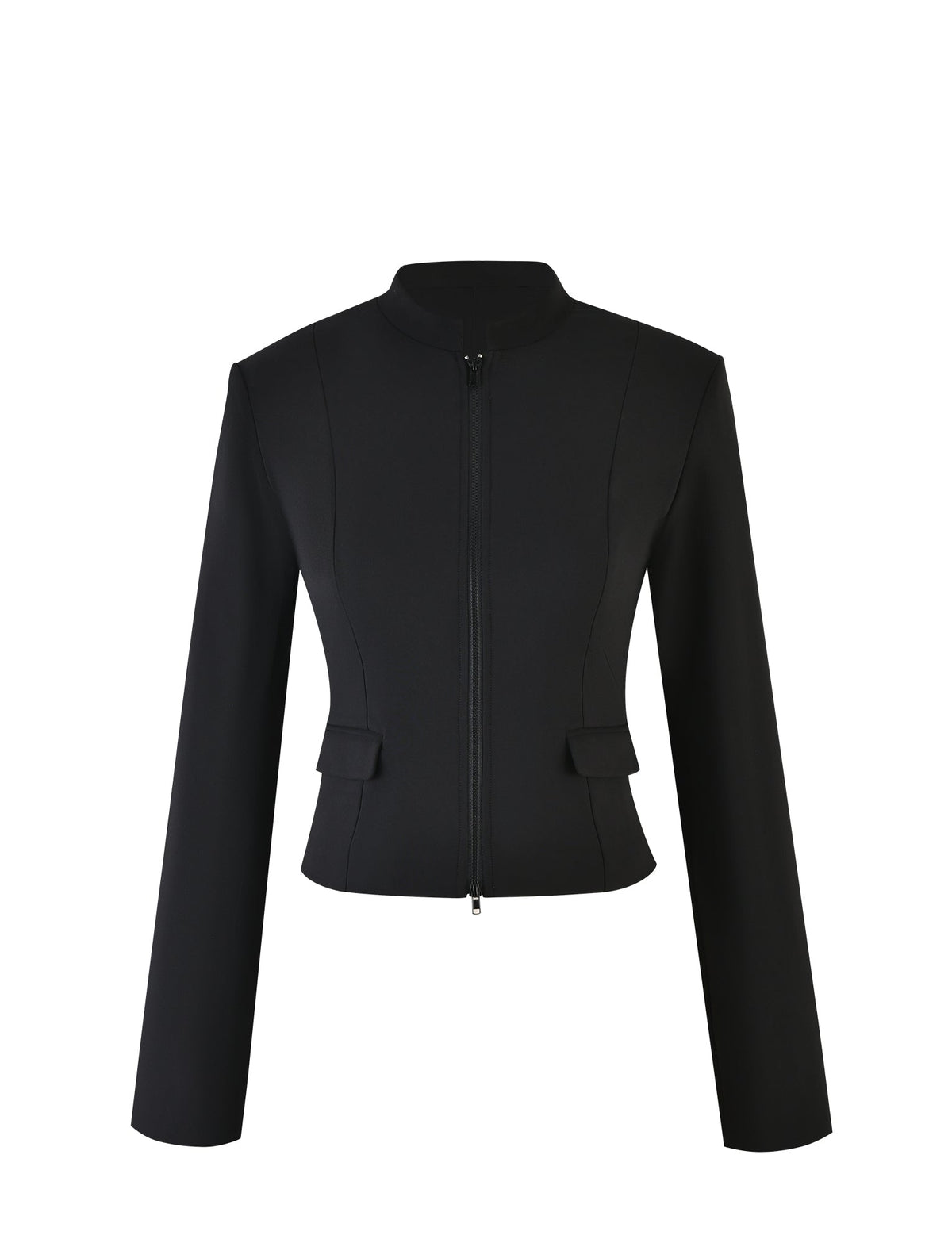 The DAMIRA JACKET - BLACK from TIGERMIST is a sleek, collarless women's blazer featuring a front zipper closure, long sleeves, and two small flap pockets on either side of the waist.