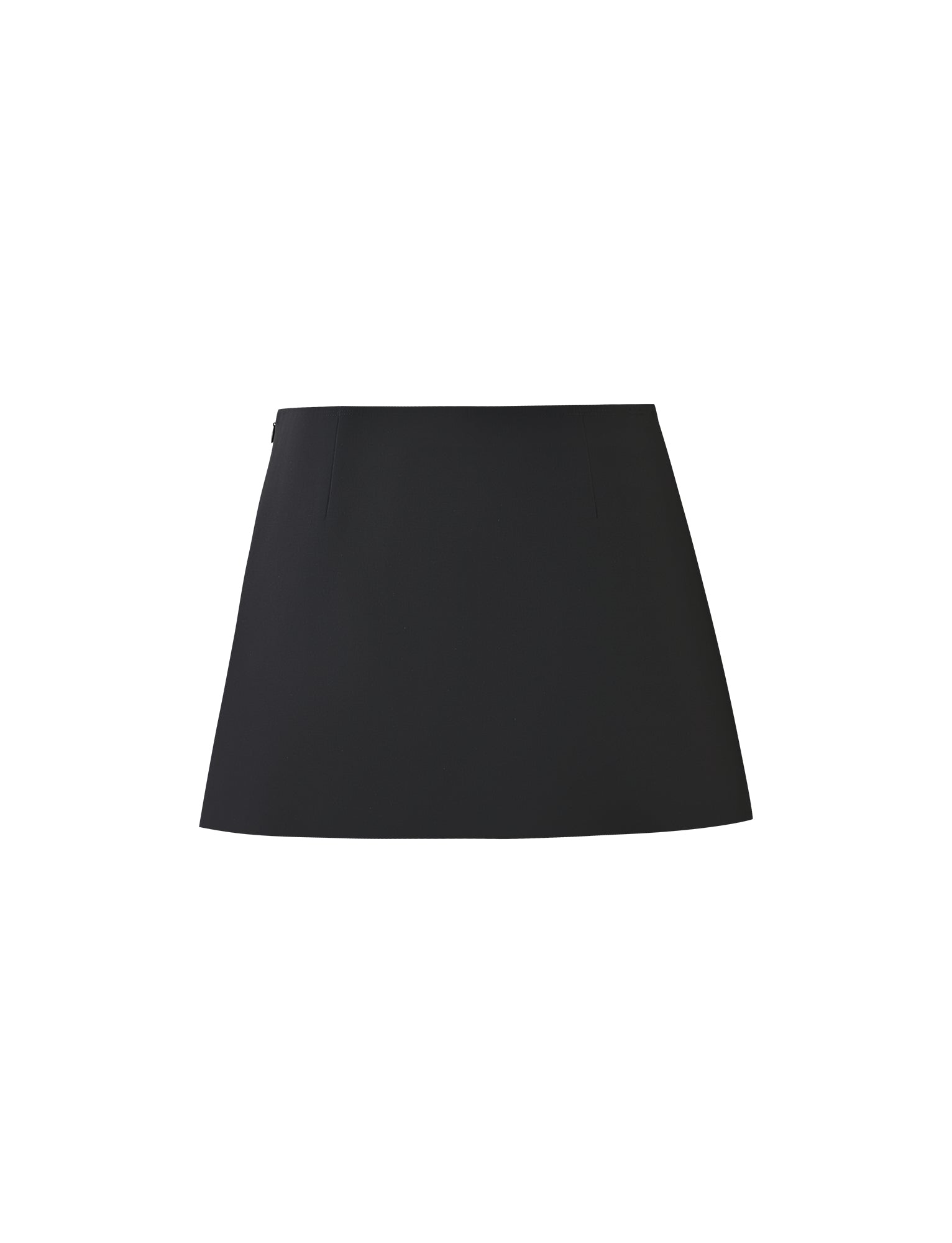 A white background showcases the DAMIRA SKORT - BLACK from TIGERMIST, a black, high-waisted, A-line mini skirt with a simple design. The skirt features a clean and smooth surface and appears to be made of structured fabric.