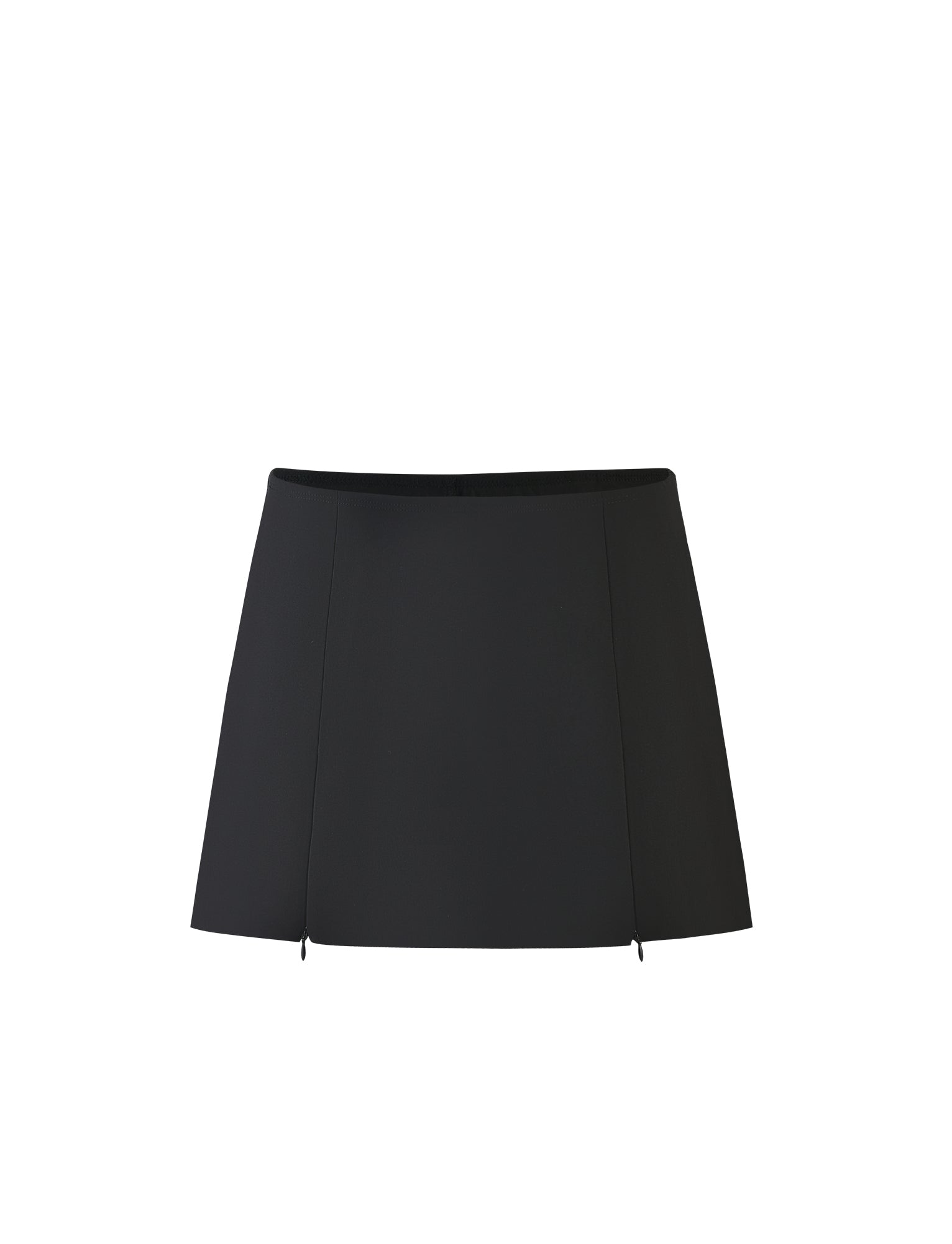 Introducing the DAMIRA SKORT - BLACK by TIGERMIST, a sophisticated high-waisted A-line miniskirt. This sleek design boasts subtle seams, giving it a slightly structured appearance. The front is adorned with small slits, adding a delicate touch of detail to its minimalist style.