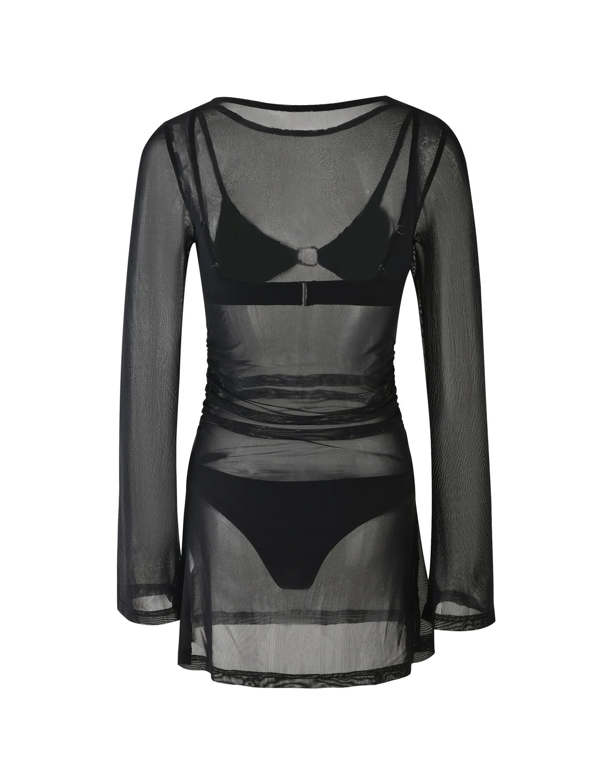 The ALAYNA THREE PIECE MINI DRESS - BLACK from TIGERMIST is a sheer black mesh mini dress featuring long sleeves and a round neckline. The dress has a fitted silhouette and includes visible inner black bra and panties through its translucent fabric.