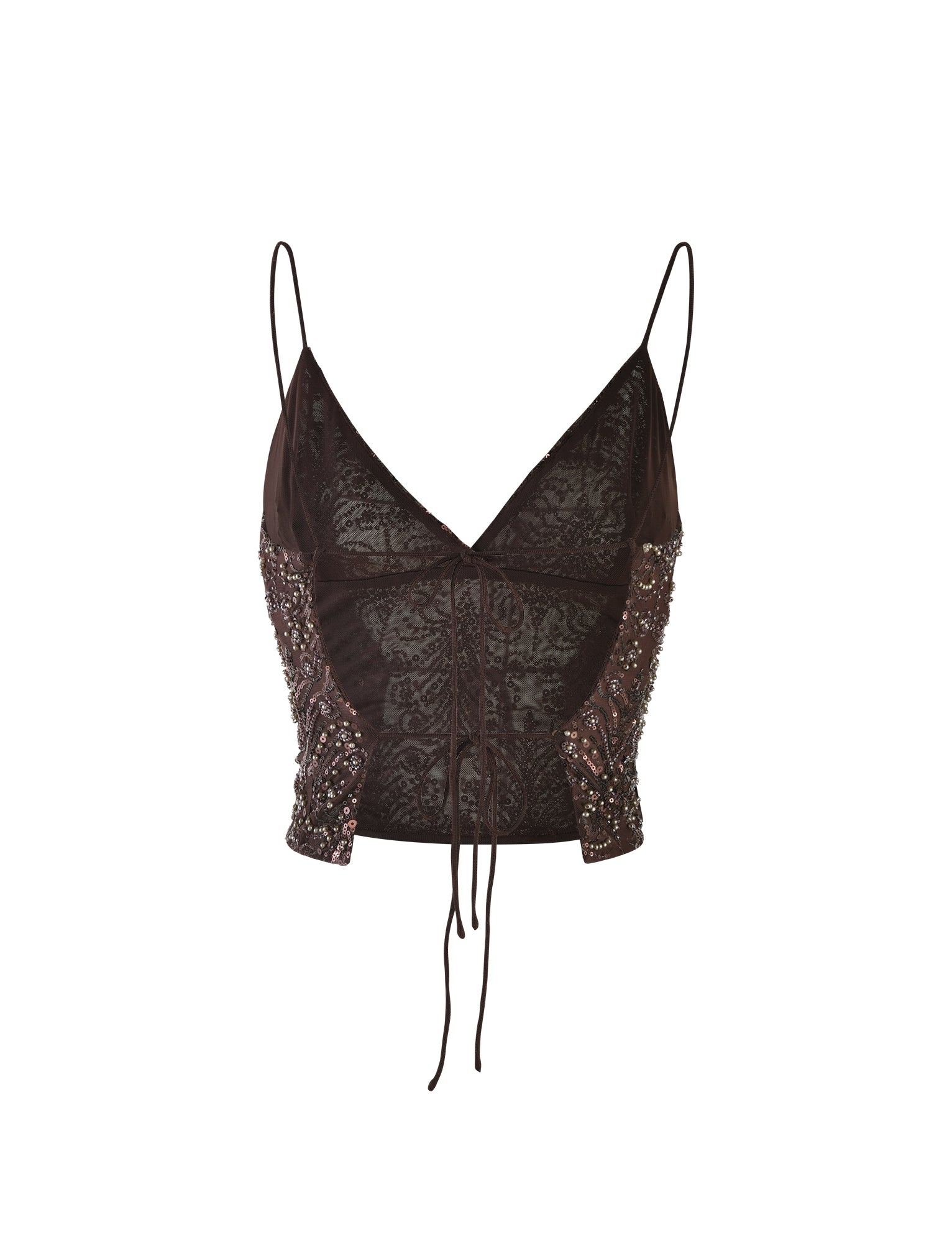 A delicate lace RAINA TOP in chocolate brown from TIGERMIST, featuring thin spaghetti straps, intricate beading on the sides, a V-neckline, and two thin strings hanging down from the center.