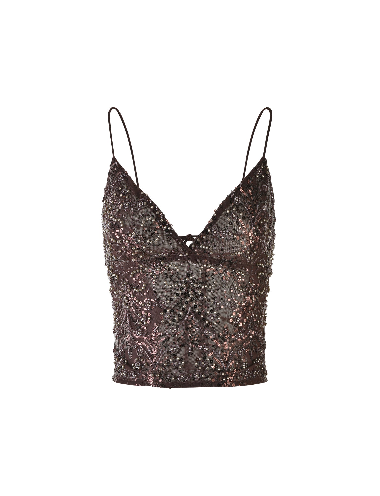 The Raina Top from TigerMist in a rich chocolate brown shade is a sleeveless crop top, adorned with intricate black beading and embellishments. This elegant top features thin spaghetti straps and a V-neckline, with the embellishments forming a swirling floral pattern that gives it a detailed and sophisticated appearance.