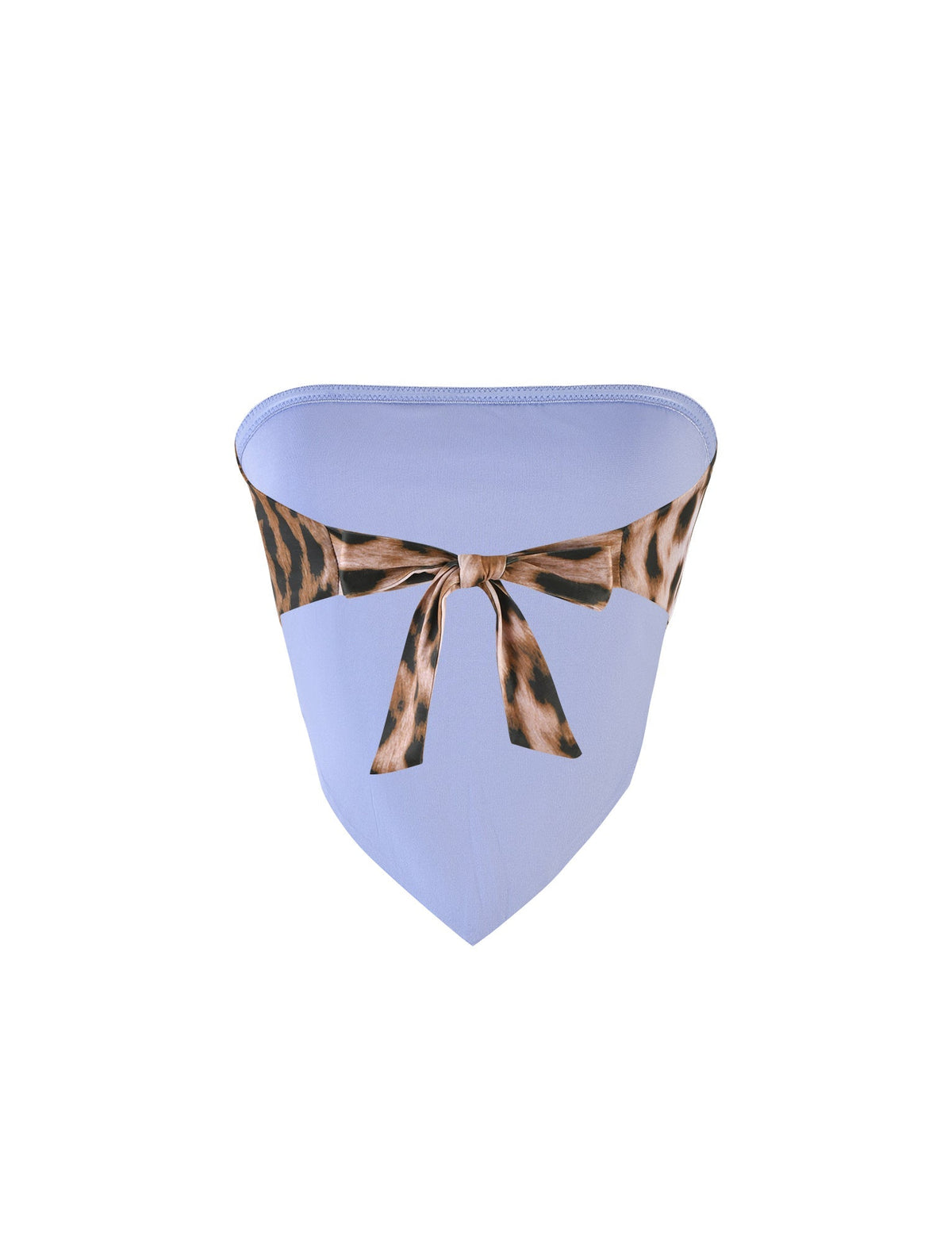 An image of the BRIXLEY TOP - MULTI : LEOPARD from TIGERMIST, featuring a light blue, triangular bikini bottom with a leopard print waistband and a tied bow at the front. The smooth fabric and stylish design make it trendy and fashionable.