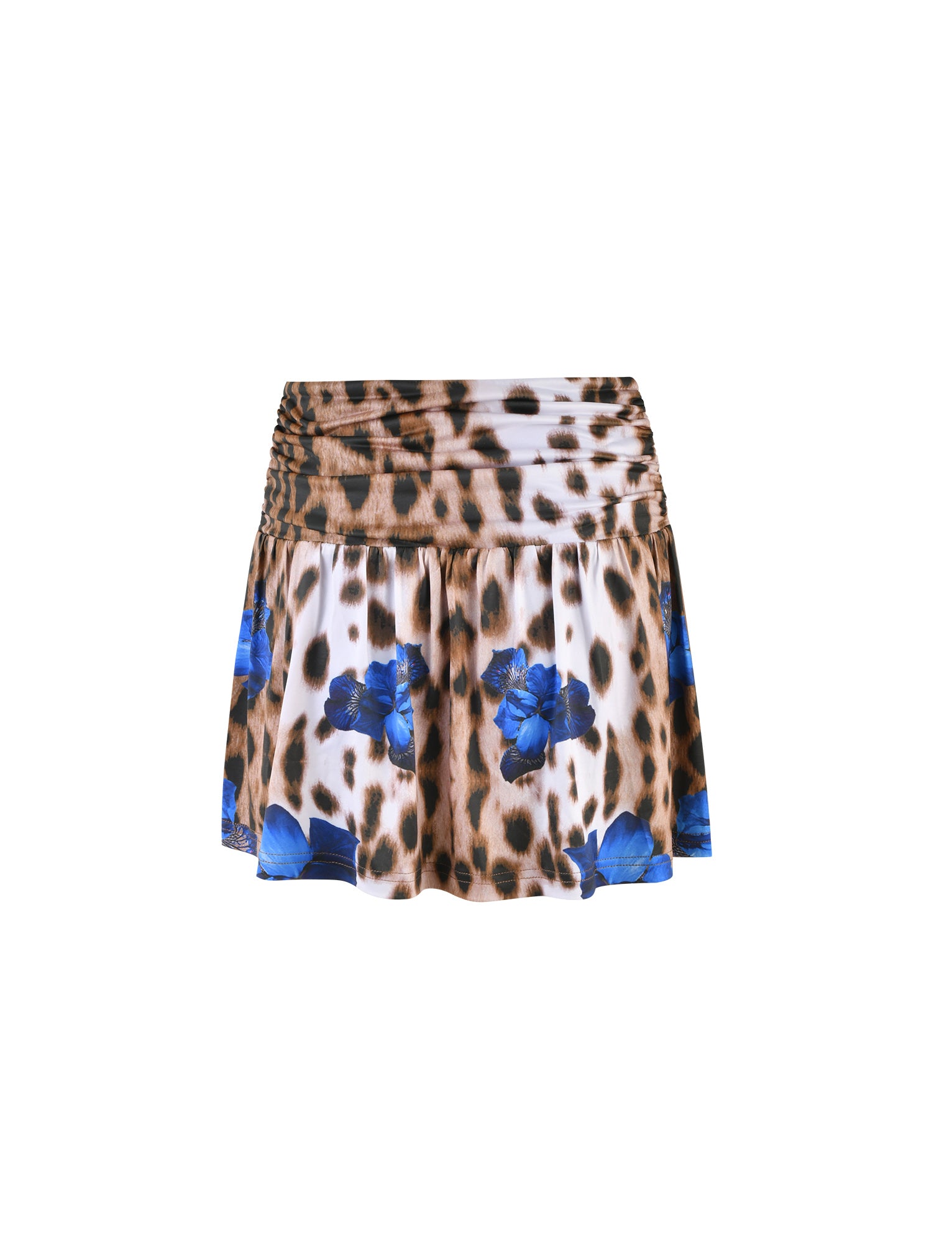 The BRIXLEY SKORT - MULTI : LEOPARD from TIGERMIST features a combination of leopard print and blue floral designs. It has a ruched waistband and a flared, flowy silhouette.