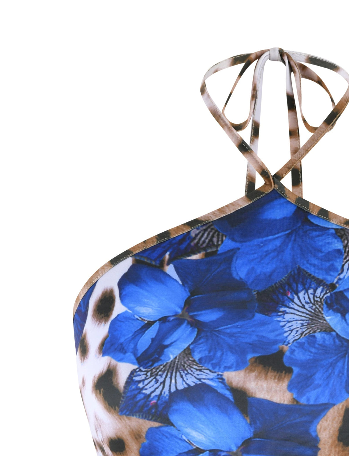 Close-up of the TRYSTA DRESS - MULTI : LEOPARD by TIGERMIST, showcasing a blend of leopard print and bold blue floral patterns. The dress features thin straps that tie around the neck in a halter style, contrasting the leopard spots with vibrant blue flowers.