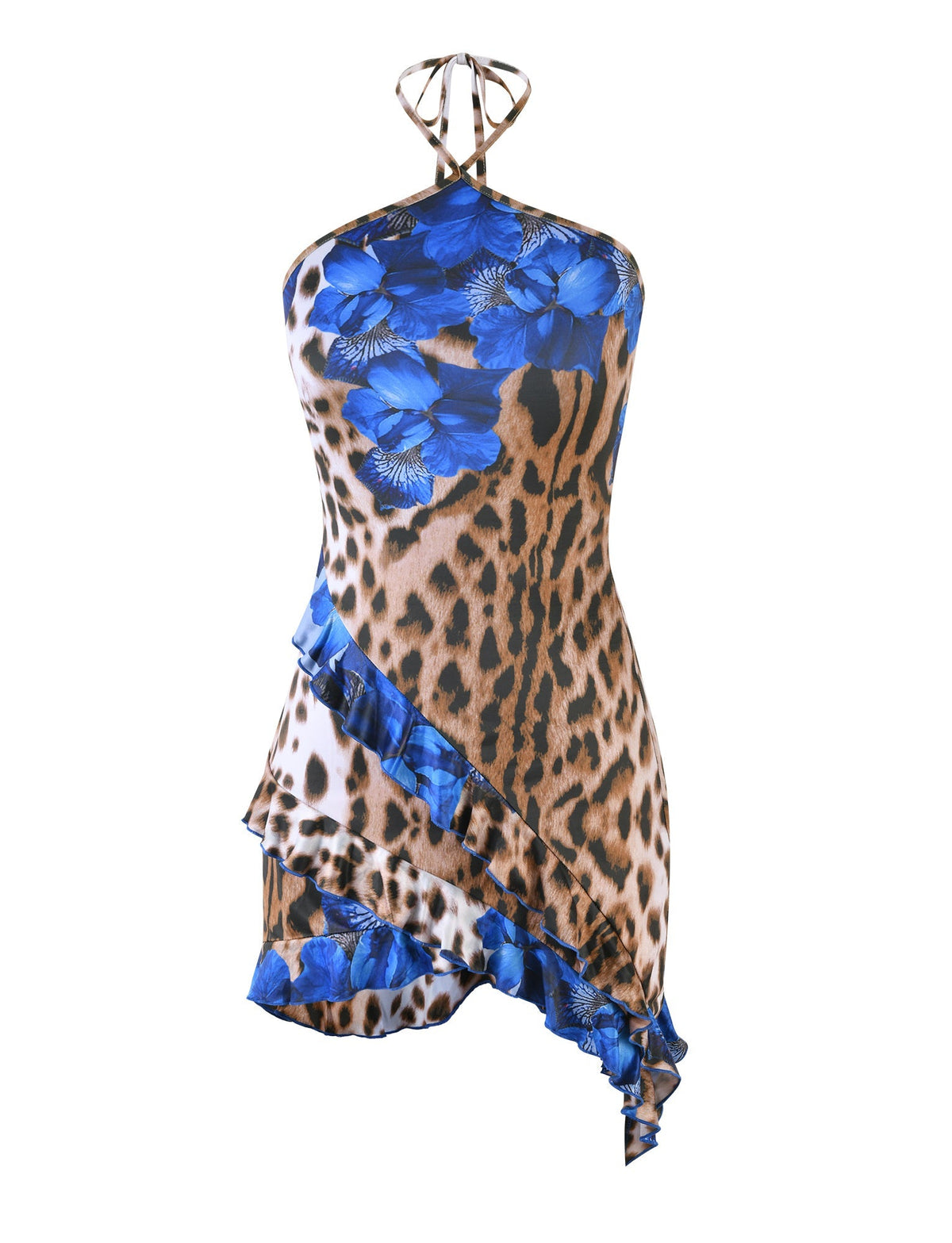 Introducing the TRYSTA DRESS - MULTI: LEOPARD by TIGERMIST, a stunning halter neck dress showcasing a bold leopard print accentuated with blue floral accents. This eye-catching piece features an asymmetrical hemline with a ruffled edge and flowing fabric, creating a vibrant and eclectic design through its unique combination of animal and floral patterns.