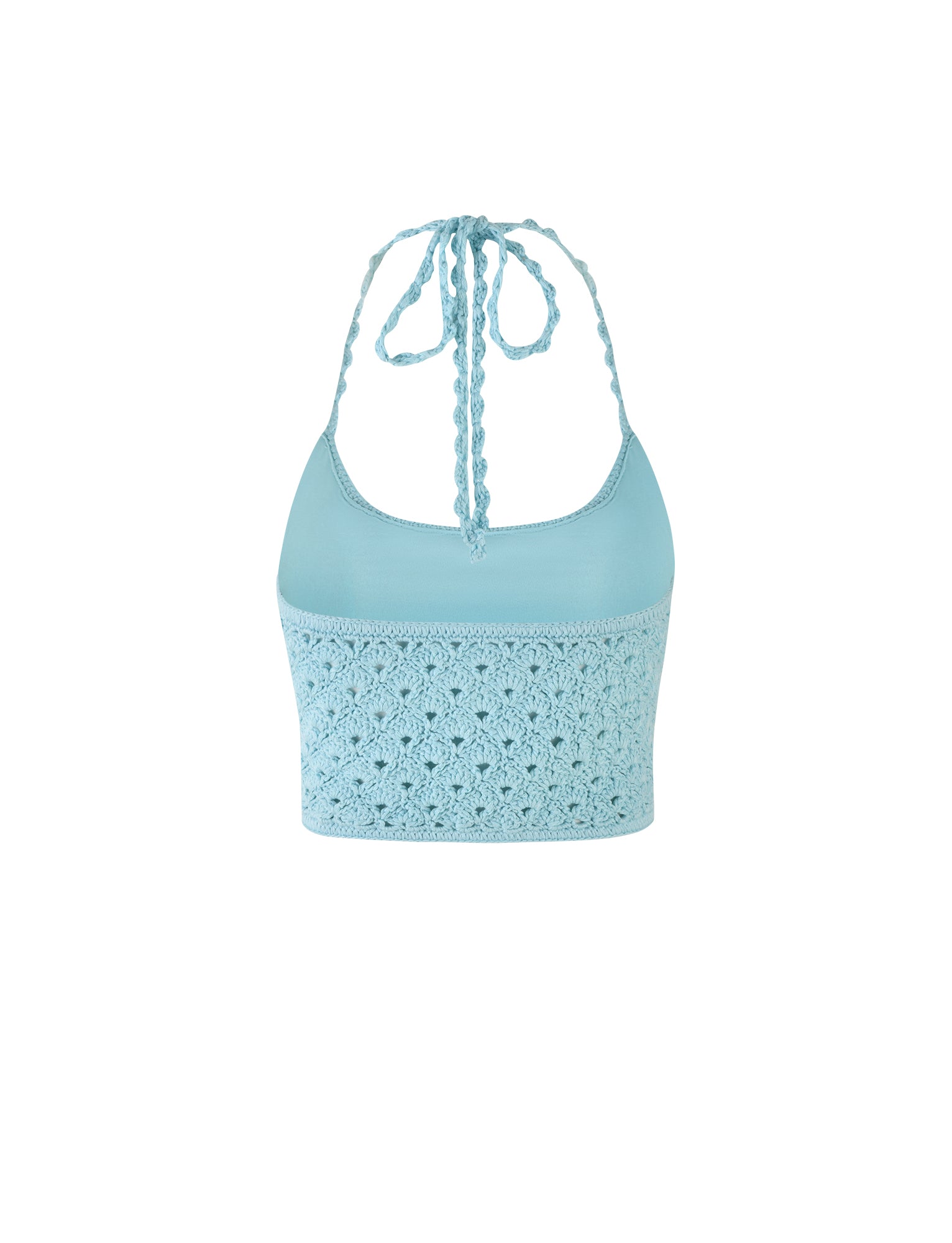 SUNNIVA Bikini Top in Baby Blue by TIGERMIST boasts a light blue knit fabric and features spaghetti strap halter neckline. The lower half is adorned with an intricate crocheted pattern, while the upper part showcases a smooth, solid texture. The halter straps elegantly tie at the back of the neck.