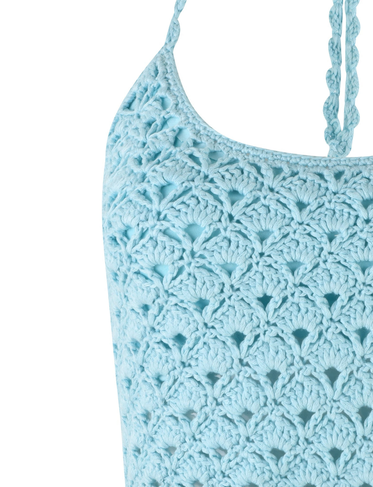 Close-up of the SUNNIVA BIKINI TOP - BLUE : BABY BLUE by TIGERMIST. This blue crochet top features thin, braided straps and intricate stitching that creates a textured design. The fabric appears soft and lightweight, showcasing the craftsmanship of the crochet work.