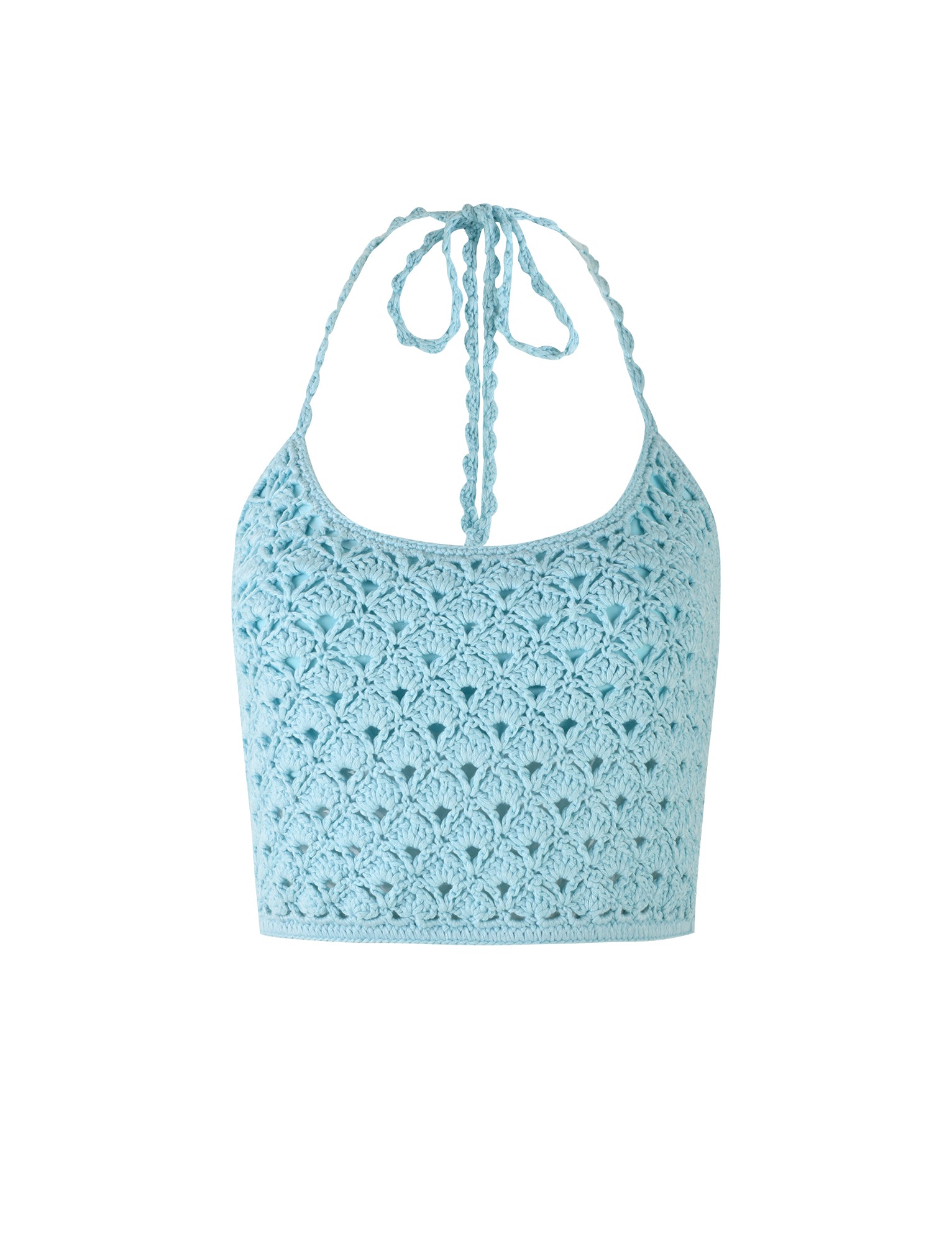 A front view of a baby blue TIGERMIST SUNNIVA BIKINI TOP. The top features a detailed floral crochet pattern with a high neck and ties at the neck.