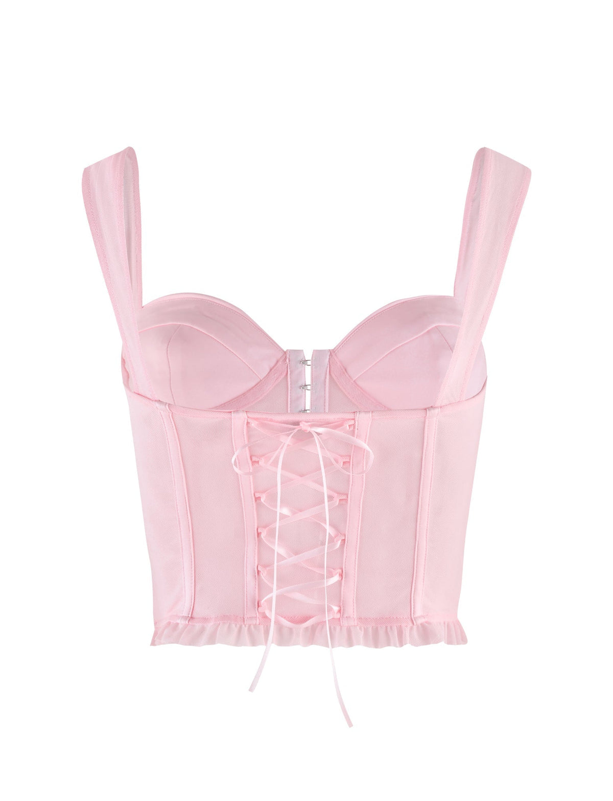 The GINNY TOP - PINK by TIGERMIST is a baby pink satin corset with wide straps, structured cups, lace-up front, and ruffled hem, designed for a fitted, feminine silhouette.