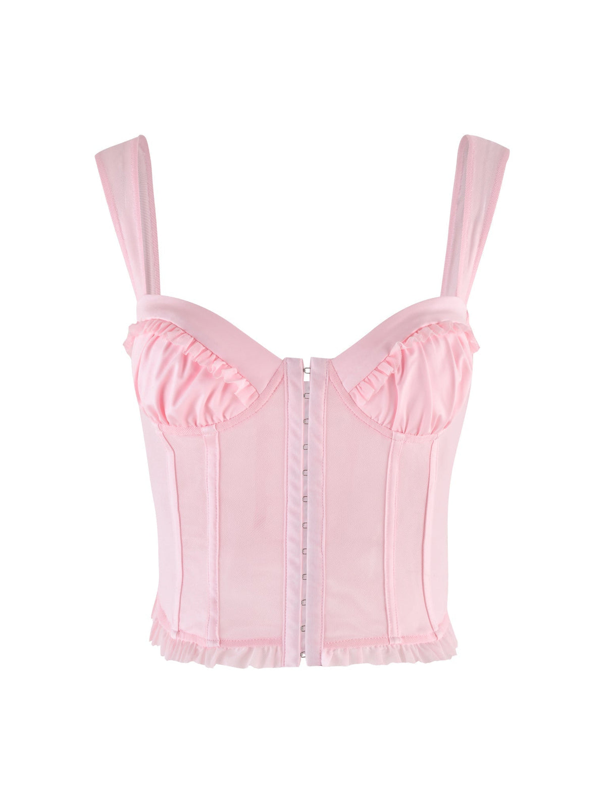 The TIGERMIST GINNY TOP - PINK features a baby pink corset-style design with wide straps, ruffled bust and hem, vertical seams, and a front hook-and-eye closure for a soft, feminine silhouette.