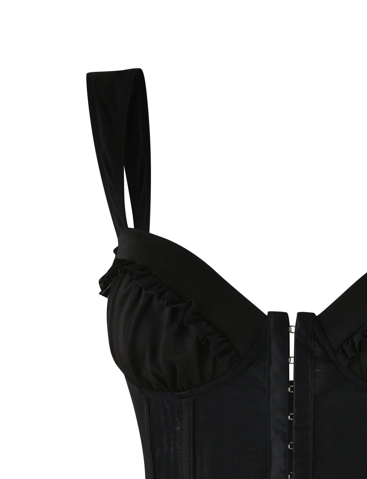 The GINNY TOP - BLACK by TIGERMIST is a sleeveless bustier that showcases elegant ruffled detailing along the sweetheart neckline and convenient hook-eye closures at the front. With wide straps enhancing its bodycon silhouette, this top blends opaque and sheer materials for a stylish finish.