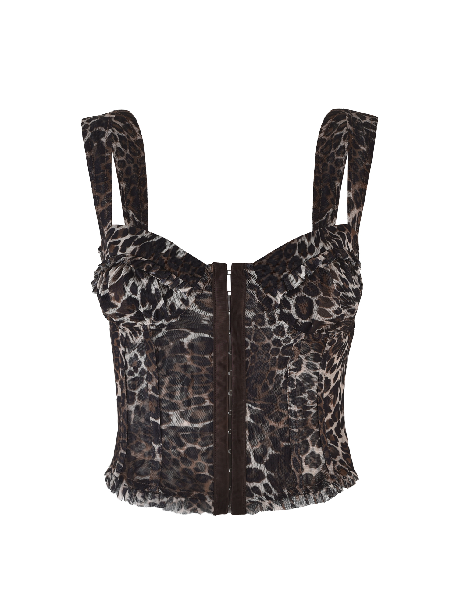 The TIGERMIST GINNY TOP - NEUTRAL : LEOPARD is a corset-style crop top with a leopard print, thick straps, structured bodice, bodycon fit, front hook-and-eye closures, and ruffle details at the neckline and hem.
