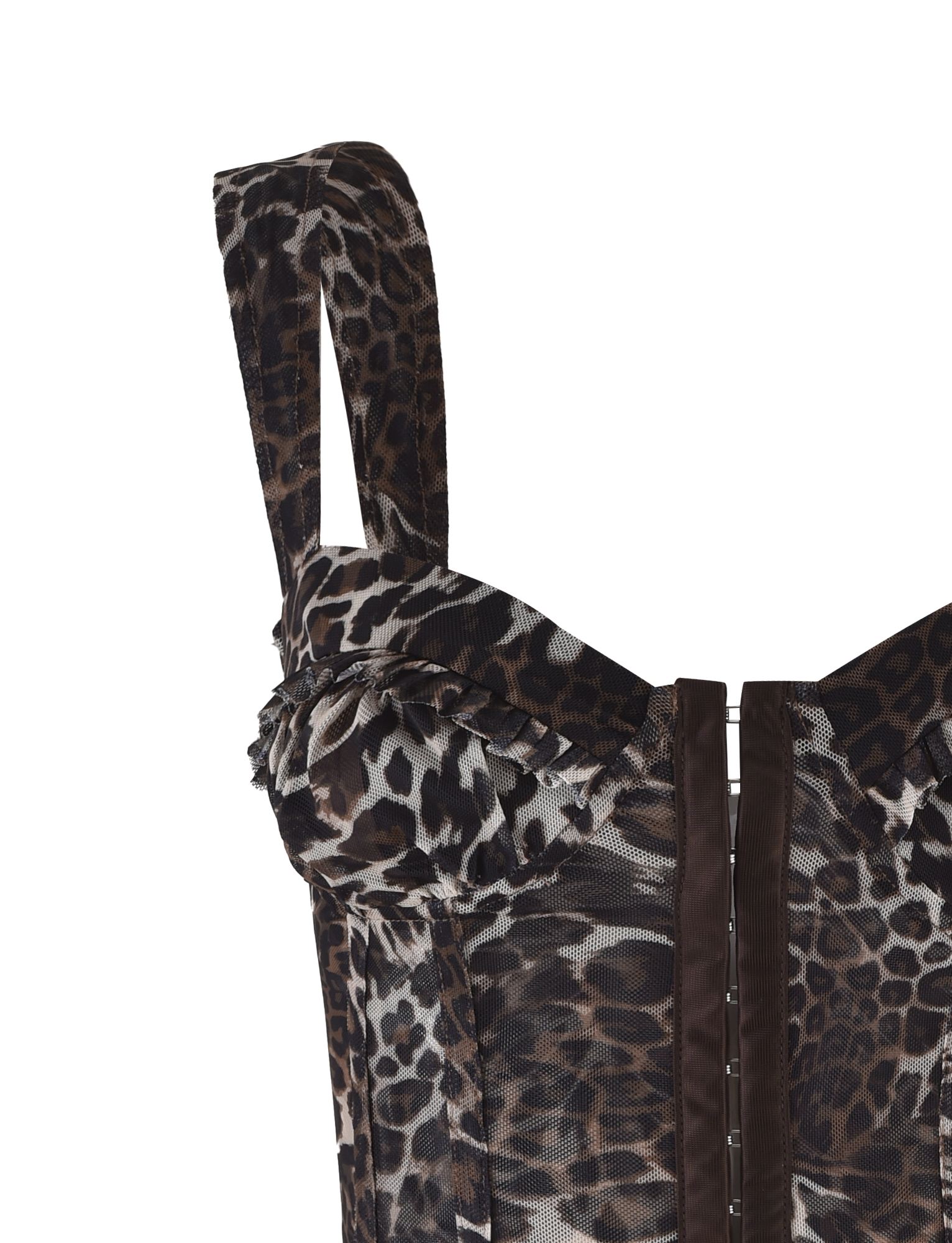 A close-up of the TIGERMIST GINNY TOP - NEUTRAL : LEOPARD, a sleeveless, fitted bustier with a brown and black leopard print, structured cups, and vertical seams for a flattering silhouette.