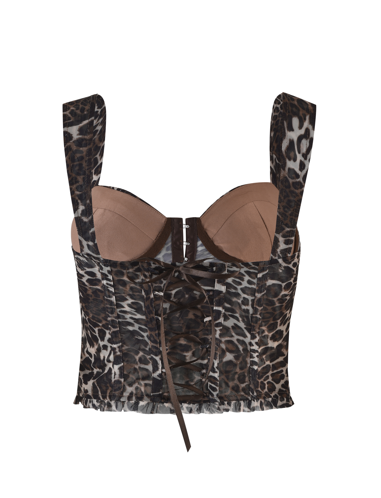 Back view of the GINNY TOP - NEUTRAL : LEOPARD by TIGERMIST, a leopard print crop top with thick straps, low-cut neckline, lace-up back, brown lining, and a flattering bodycon fit.