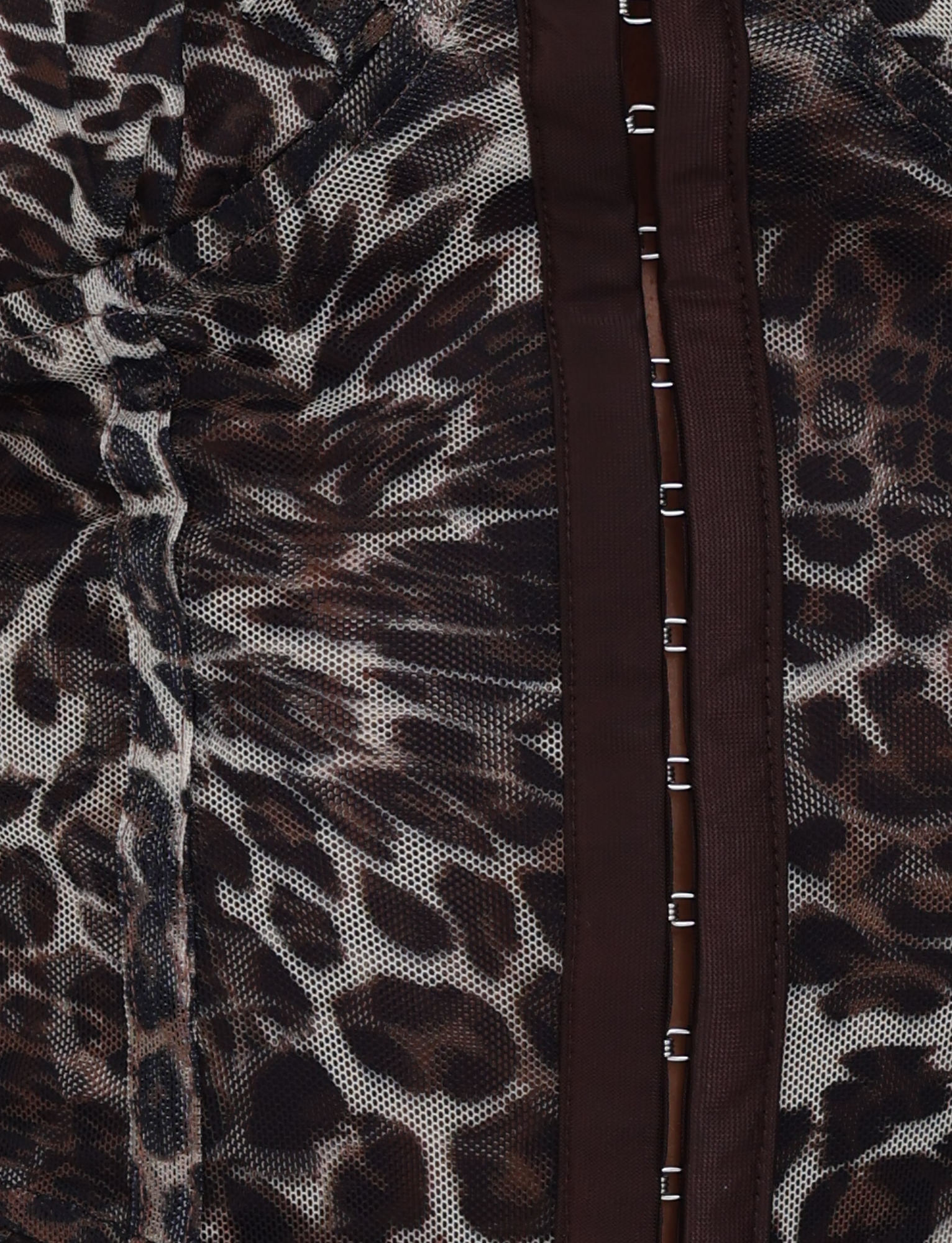 Close-up of the TIGERMIST GINNY TOP - NEUTRAL : LEOPARD, showcasing a bold leopard print with brown vertical stripe and metal hook-and-eye closures down the front for a sculpted bodycon fit.