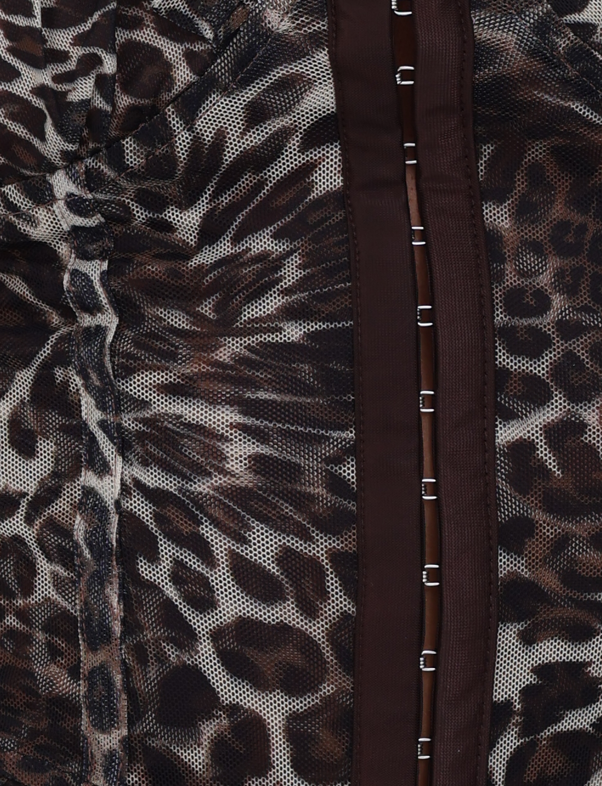 Close-up of the TIGERMIST GINNY TOP - NEUTRAL : LEOPARD, showcasing a bold leopard print with brown vertical stripe and metal hook-and-eye closures down the front for a sculpted bodycon fit.