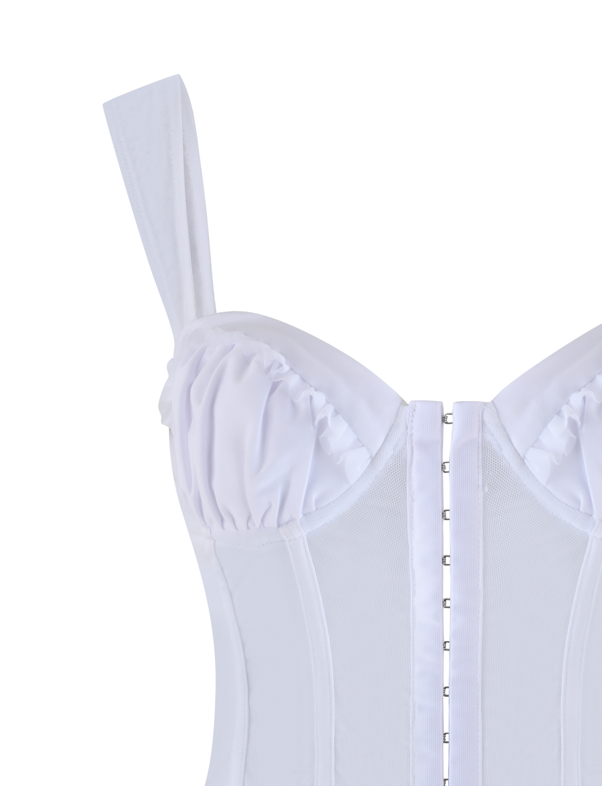 The TIGERMIST GINNY TOP in Optic White showcases a corset-style design with structured boning, ruffled bust detailing, and front hook-and-eye closures, set against a plain background.