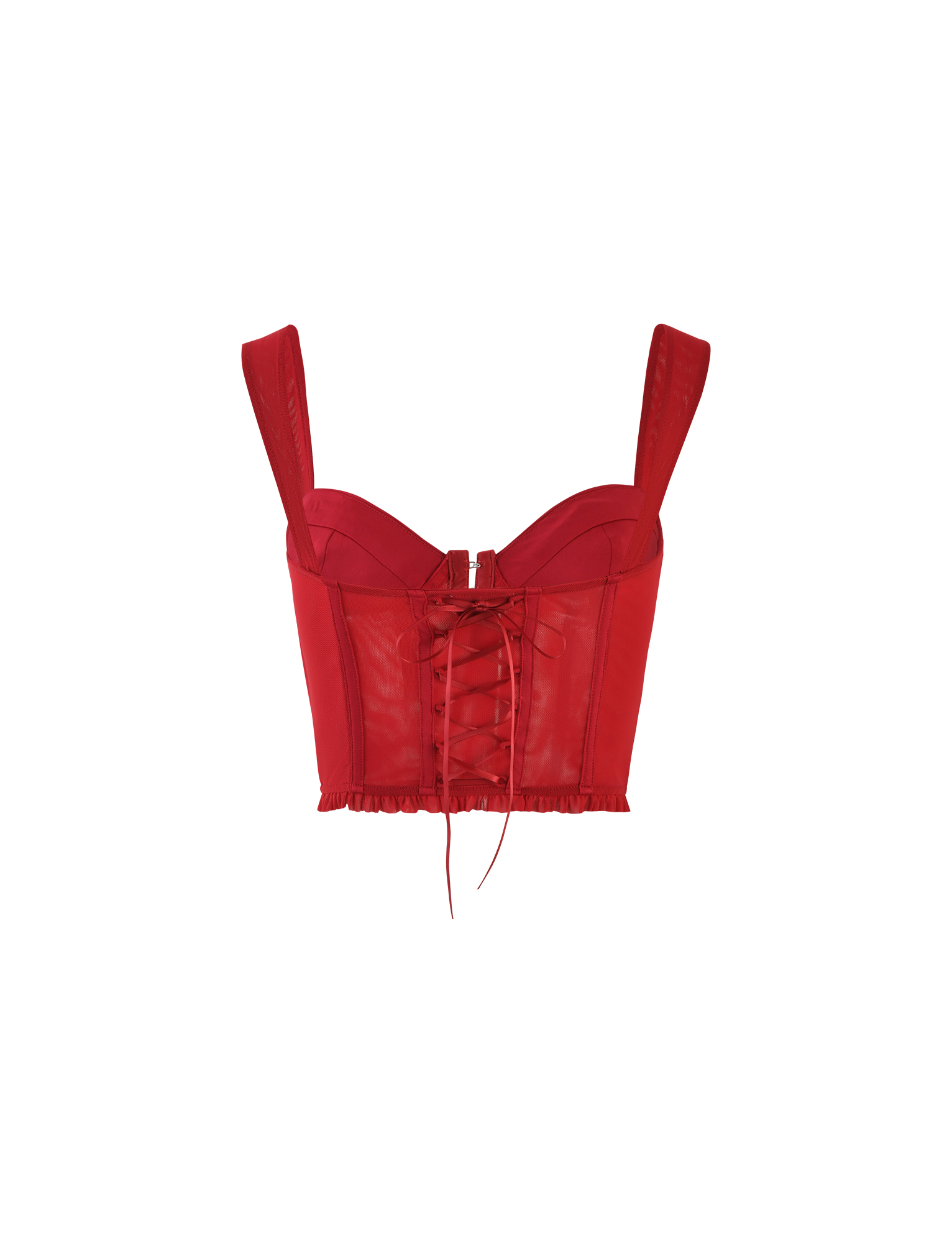 The TIGERMIST GINNY TOP - RED : CHERRY RED is a cropped corset with wide straps, lace-up front, ruffle trim, and a bodycon fit. Shown against a plain white background.