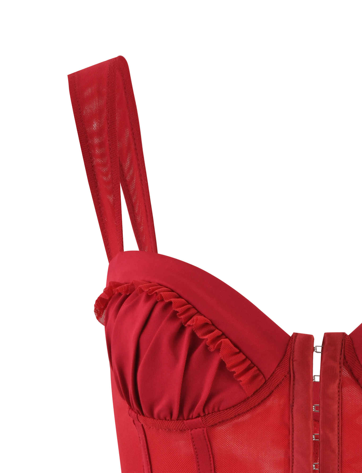 Close-up of the TIGERMIST GINNY TOP - RED: CHERRY RED, a structured bustier with mesh straps, ruffled bust trim, visible seams, sweetheart neckline, and front hook-and-eye closures.