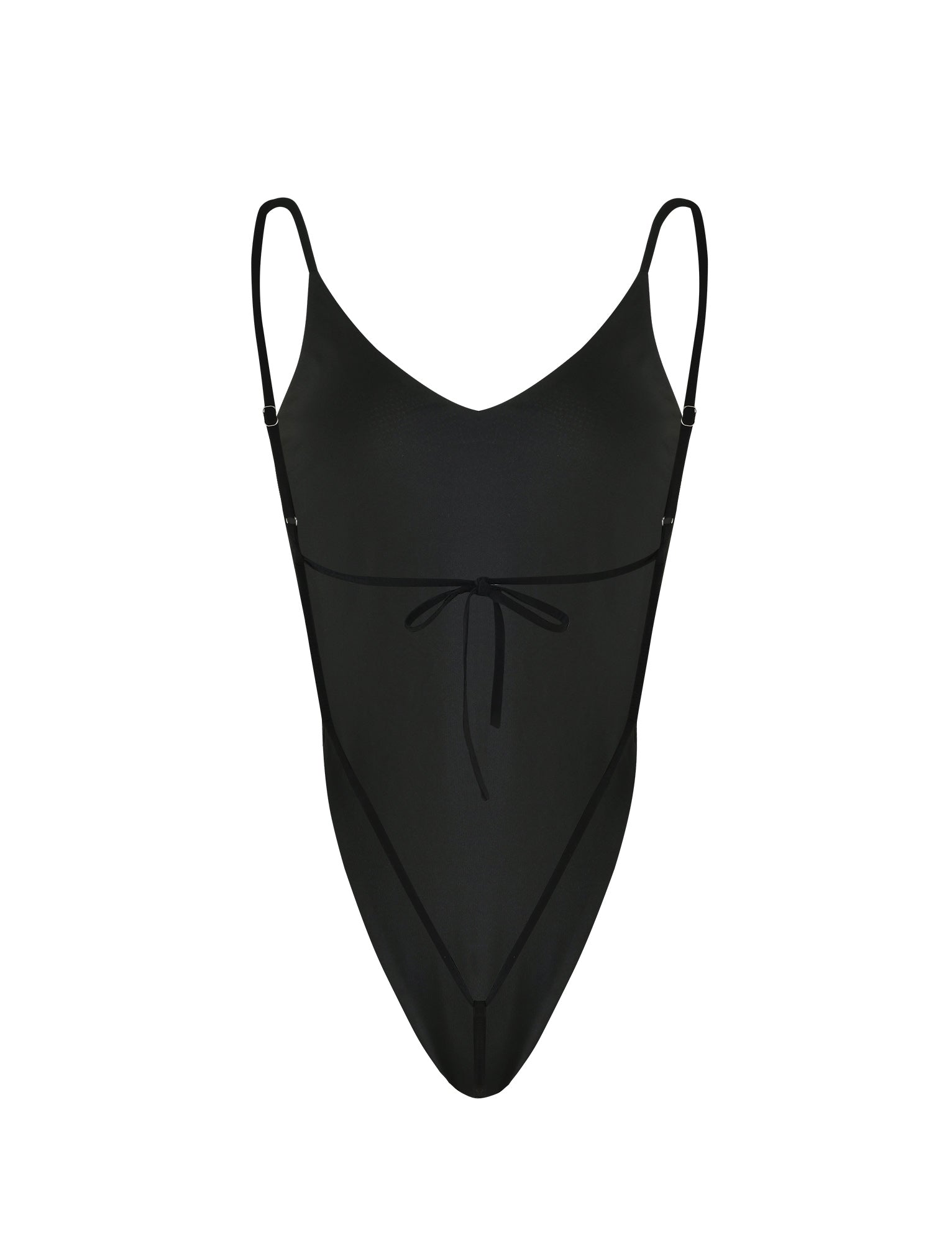 Introducing the ALONDRA BODYSUIT - BLACK from TIGERMIST, a sleek and stylish bodysuit featuring thin adjustable shoulder straps, a V-neckline, and a decorative bow at the front waist. The design is form-fitting with high-cut leg openings and exudes a minimalistic elegance.
