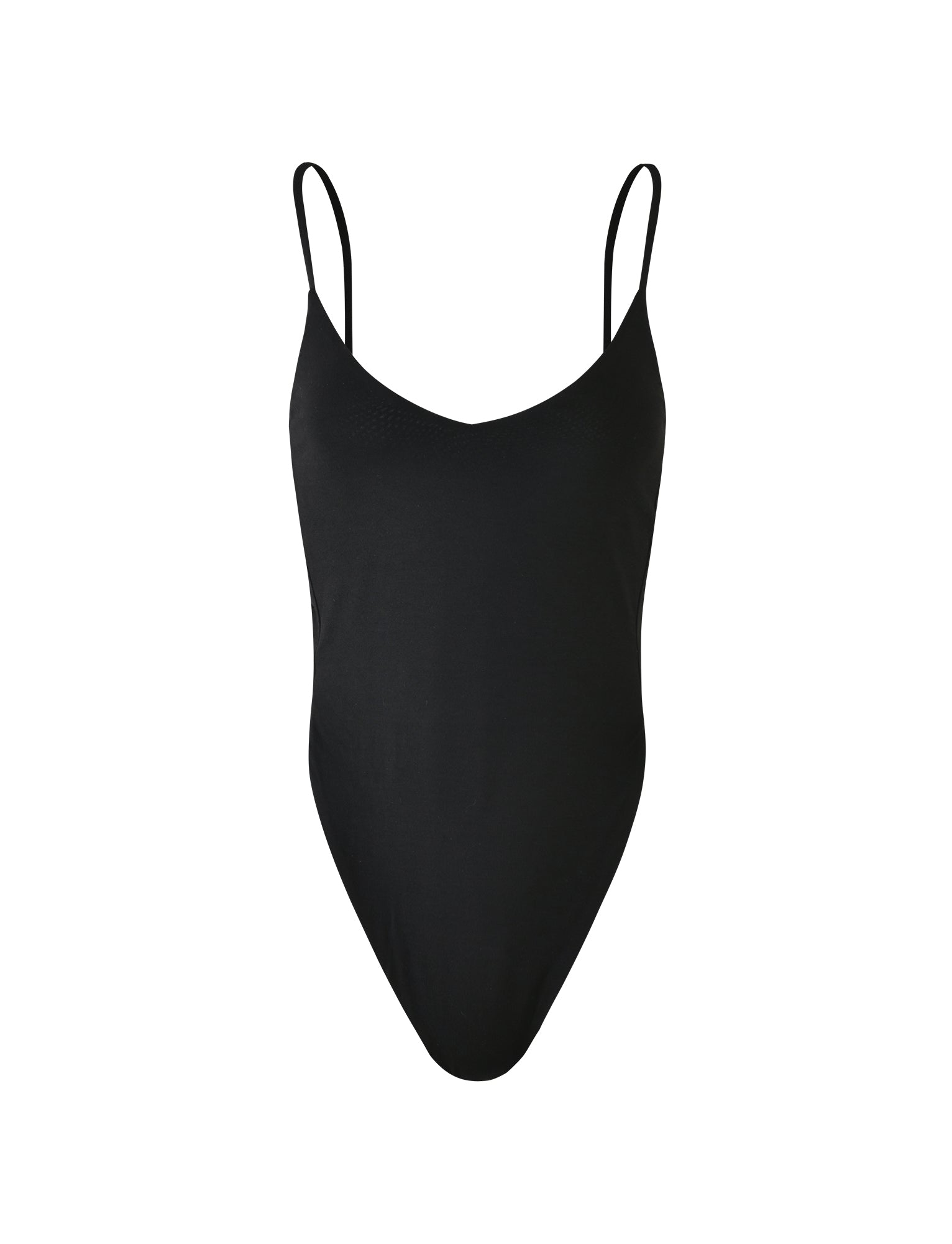 Centered against a plain white background is the ALONDRA BODYSUIT - BLACK by TIGERMIST, a sleek and elegant one-piece swimsuit with thin spaghetti straps and a low-cut neckline, embodying the brand's contemporary minimalist design.