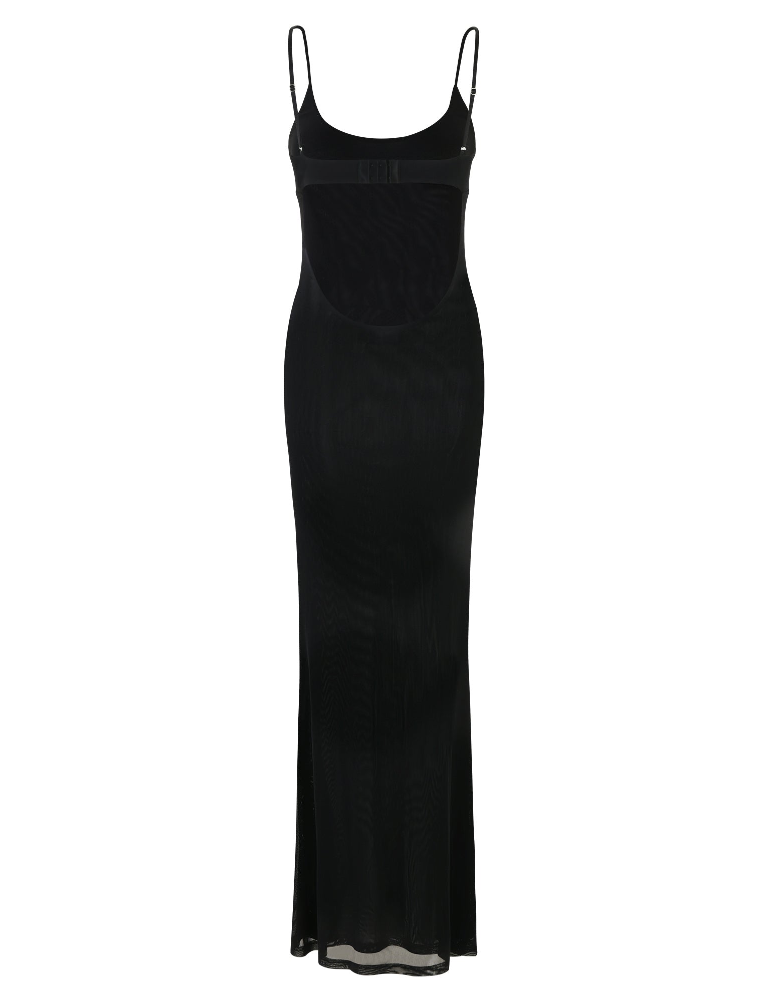 Introducing the OCTAVIA DRESS by TIGERMIST, a sleek and elegant black floor-length gown that epitomizes minimalist sophistication. This stunning dress features thin spaghetti straps, a high scoop neck, and a sheer overlay section that subtly hints at the midriff area while maintaining its refined design.