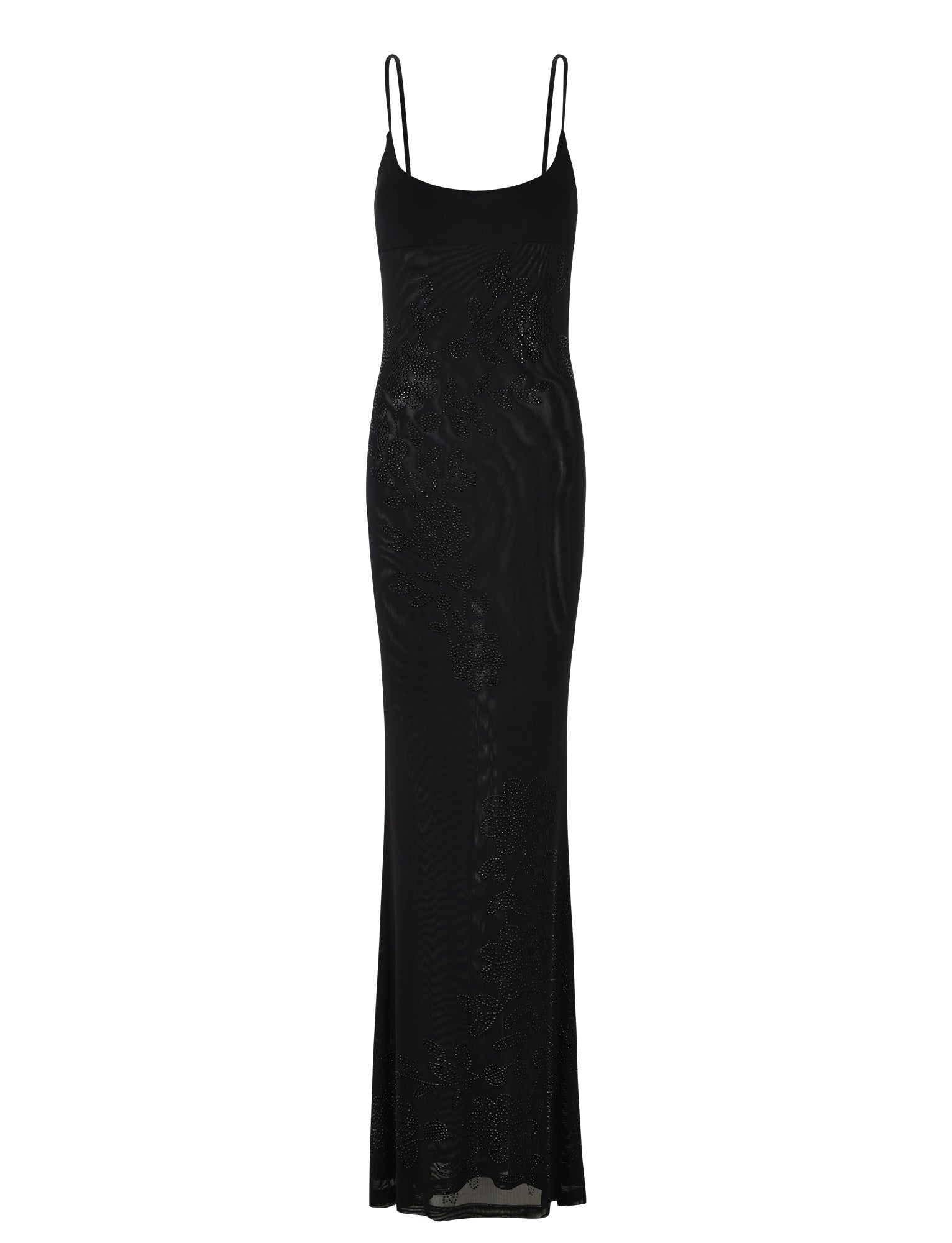 An elegant full-length OCTAVIA DRESS - BLACK from TIGERMIST, designed with thin spaghetti straps and a sleek silhouette, featuring subtle shimmering patterns that add texture to the fabric.