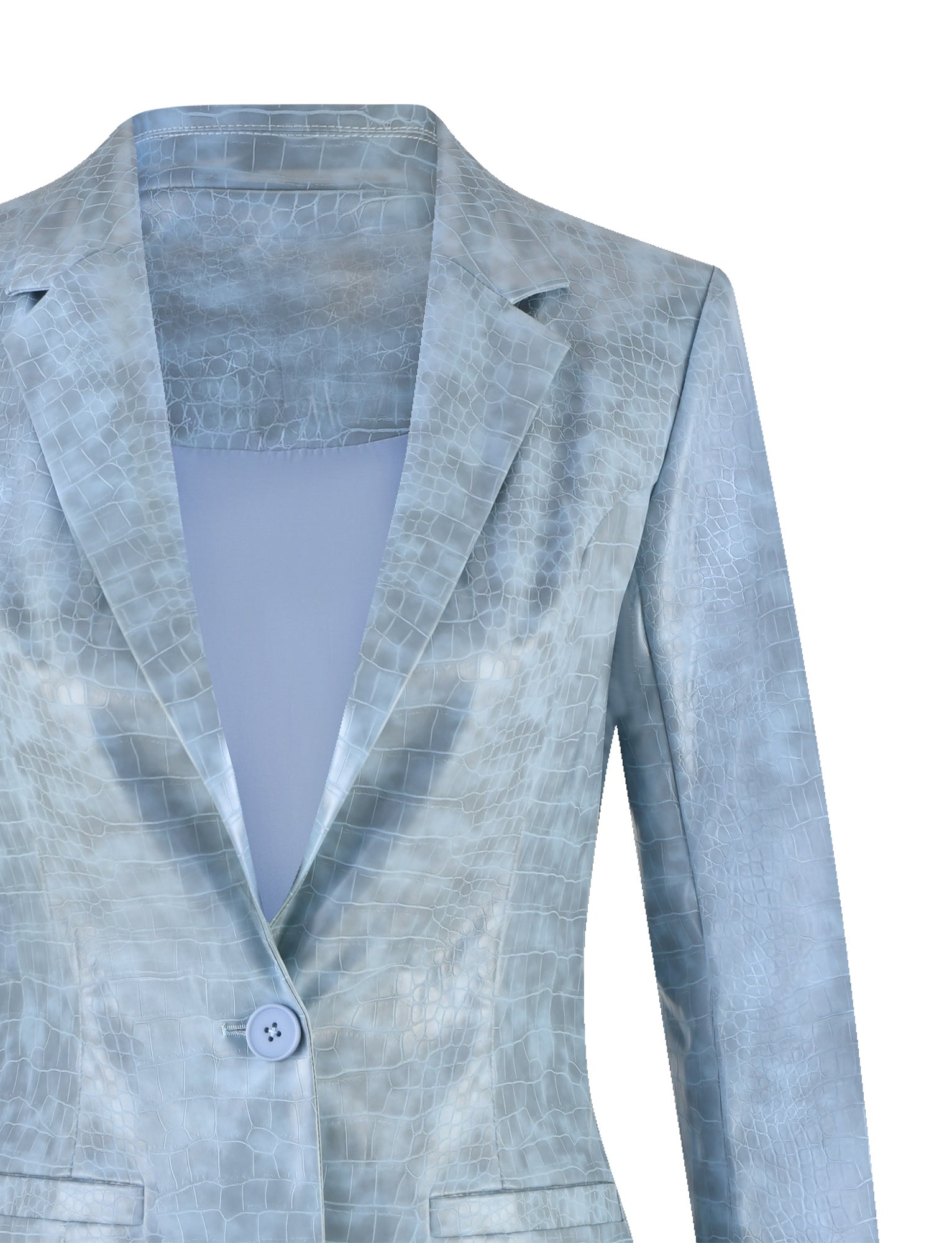 A close-up image of a dusty blue, textured trench coat with an alligator skin pattern. It features a notched lapel collar, a single button closure, and long sleeves. The TIGERMIST EMERSYN TRENCH COAT has a slightly shiny finish, giving it a metallic sheen.