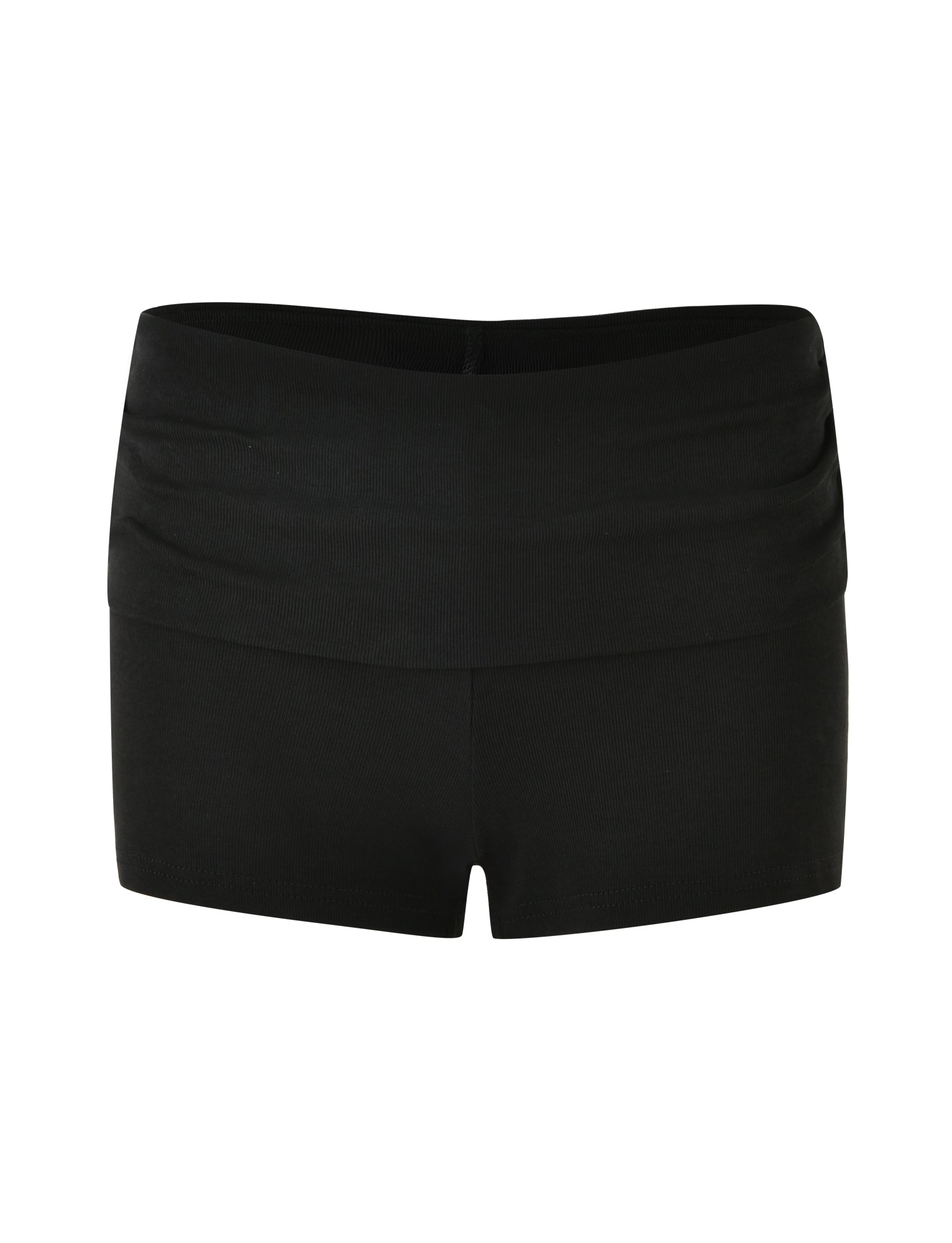 The image showcases a pair of KARINA RIB SHORT - BLACK shorts by TIGERMIST. These women's mini shorts feature a low-rise waist and a slightly gathered waistband, presenting a smooth, seamless design. Their short length gives them an athletic or dance-style appearance against the white background.