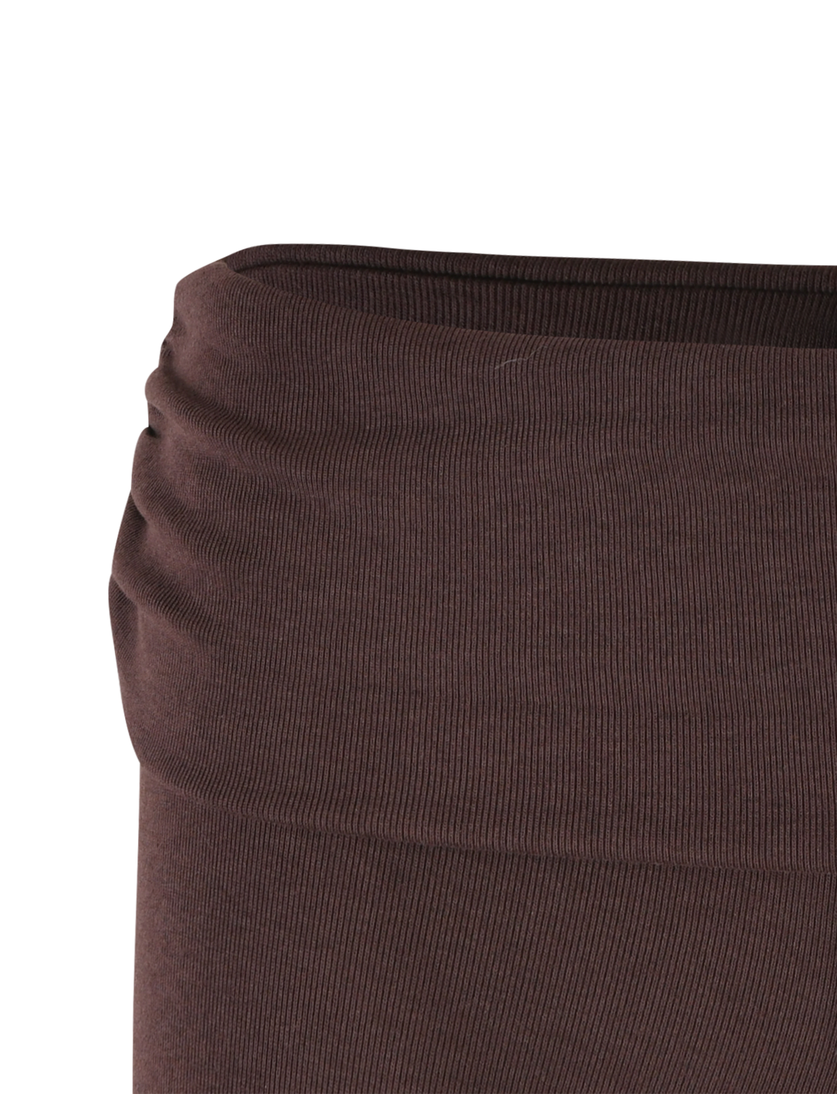 Close-up of the waistband on the TIGERMIST KARINA RIB SHORT - BROWN : CHOCOLATE, showcasing its detailed ribbed texture and fabrication.