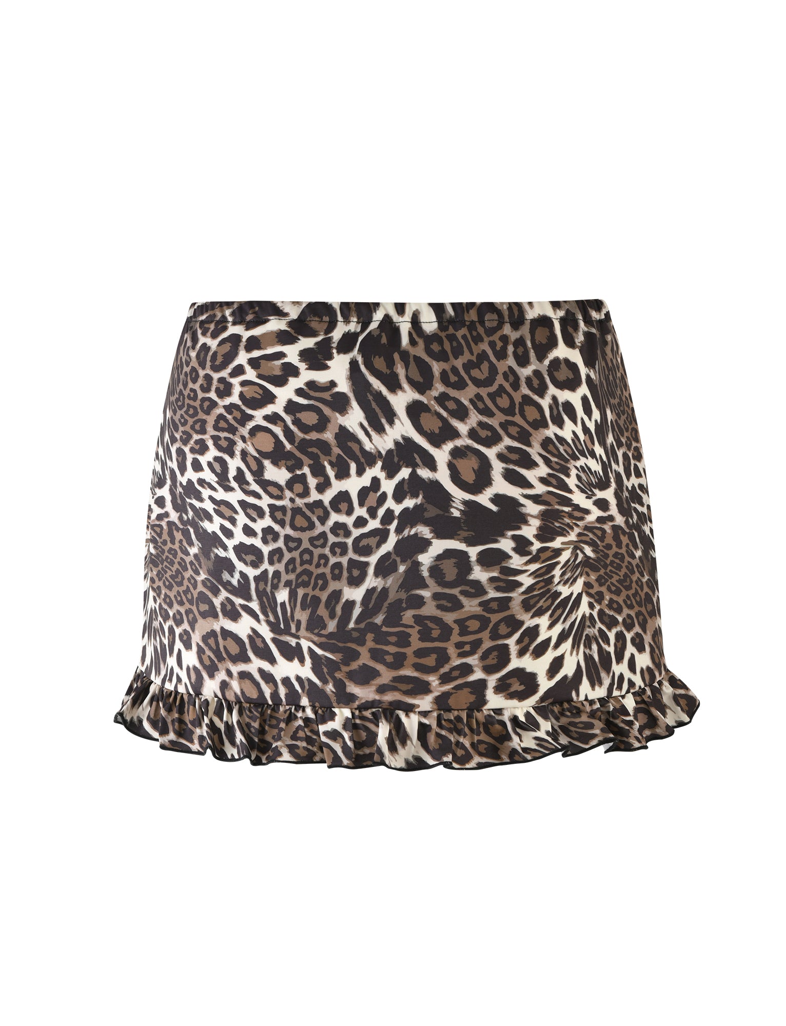 The Apollo Skirt - Multi: Leopard from TIGERMIST is a high-waisted mini skirt boasting a striking leopard print pattern in shades of brown, black, and beige. It features a slightly flared hem adorned with a ruffle trim, adding a playful touch to its bold design.