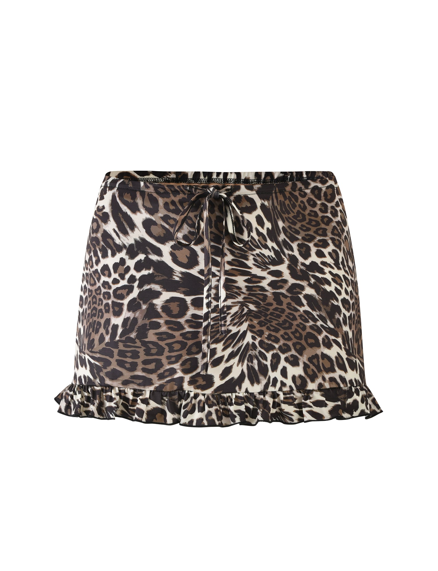 The APOLLO SKIRT - MULTI : LEOPARD from TIGERMIST is a short skirt with a leopard print pattern in shades of brown, black, and white. It features a drawstring tie at the waist and a ruffled hem at the bottom, adding a playful touch to its design. The skirt is displayed against a white background.