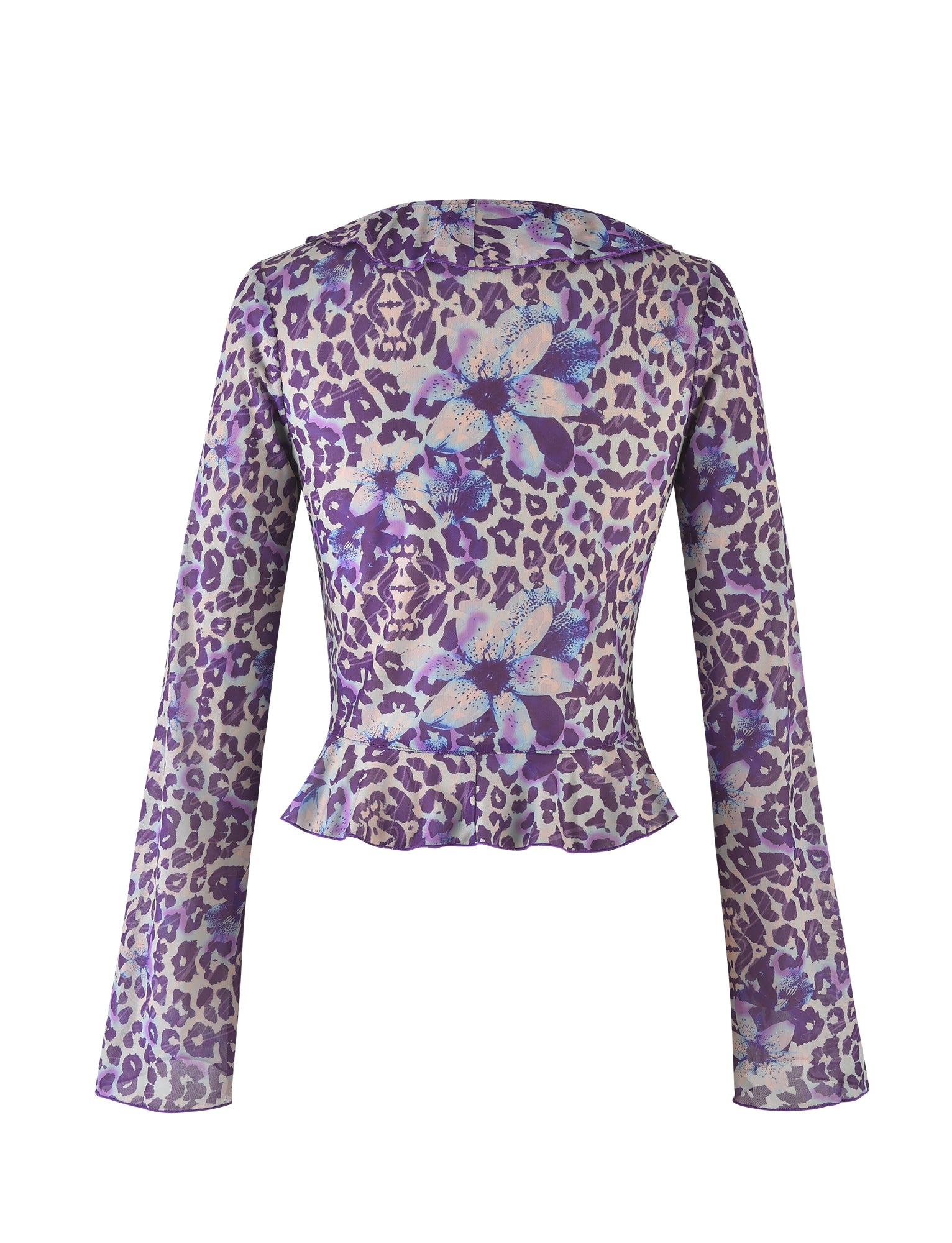 Introducing the CORVIN MESH TOP - BLUE by TIGERMIST: This long-sleeved blouse features a peplum hem in a vibrant purple and beige leopard print pattern, adorned with large blue and purple floral accents for an added touch of contrast.
