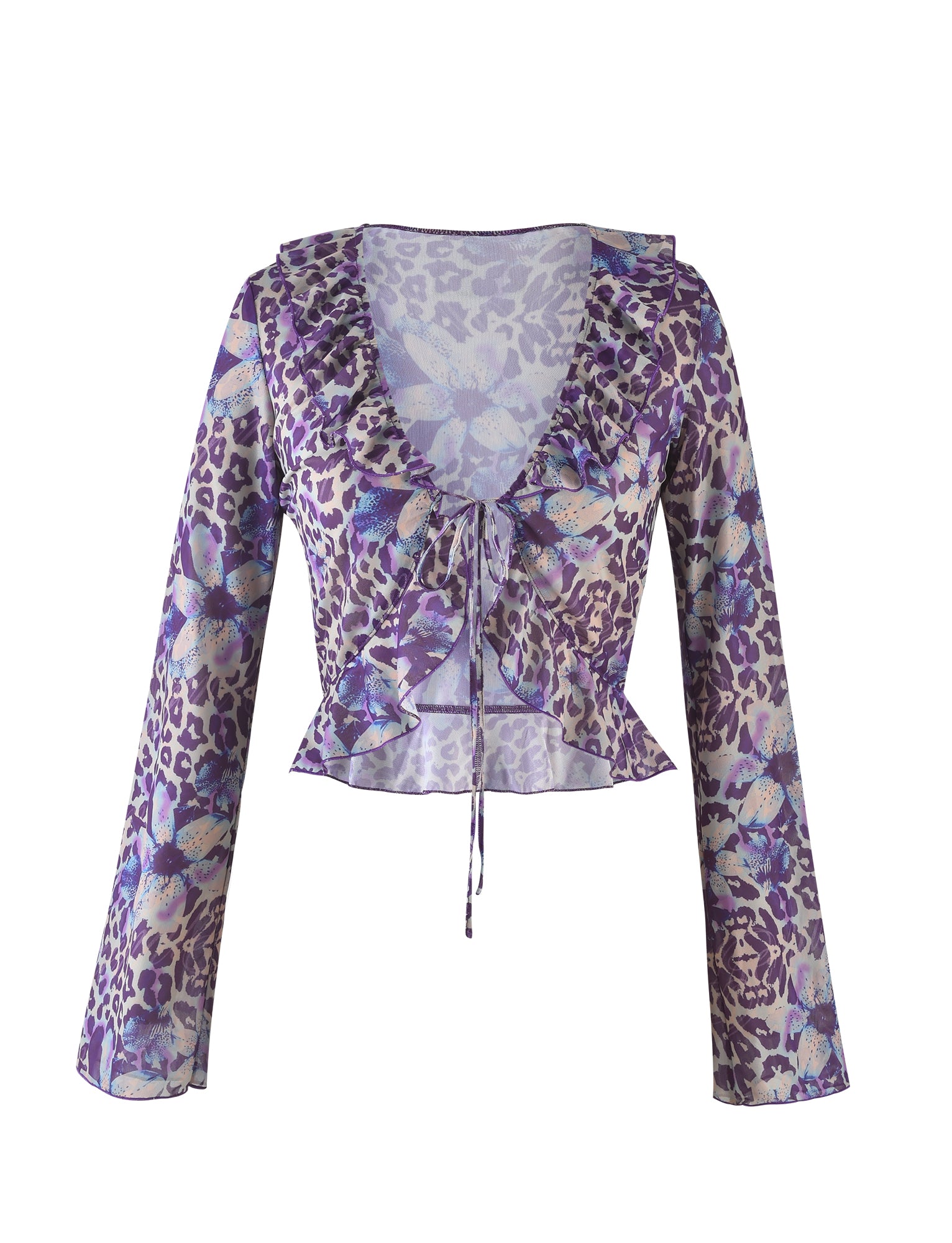 The CORVIN MESH TOP in blue by TIGERMIST features a captivating butterfly and leopard print pattern with ruffles along the neckline and down the front. This long-sleeve crop top is tied at the front with a thin string, creating a v-shaped neckline.