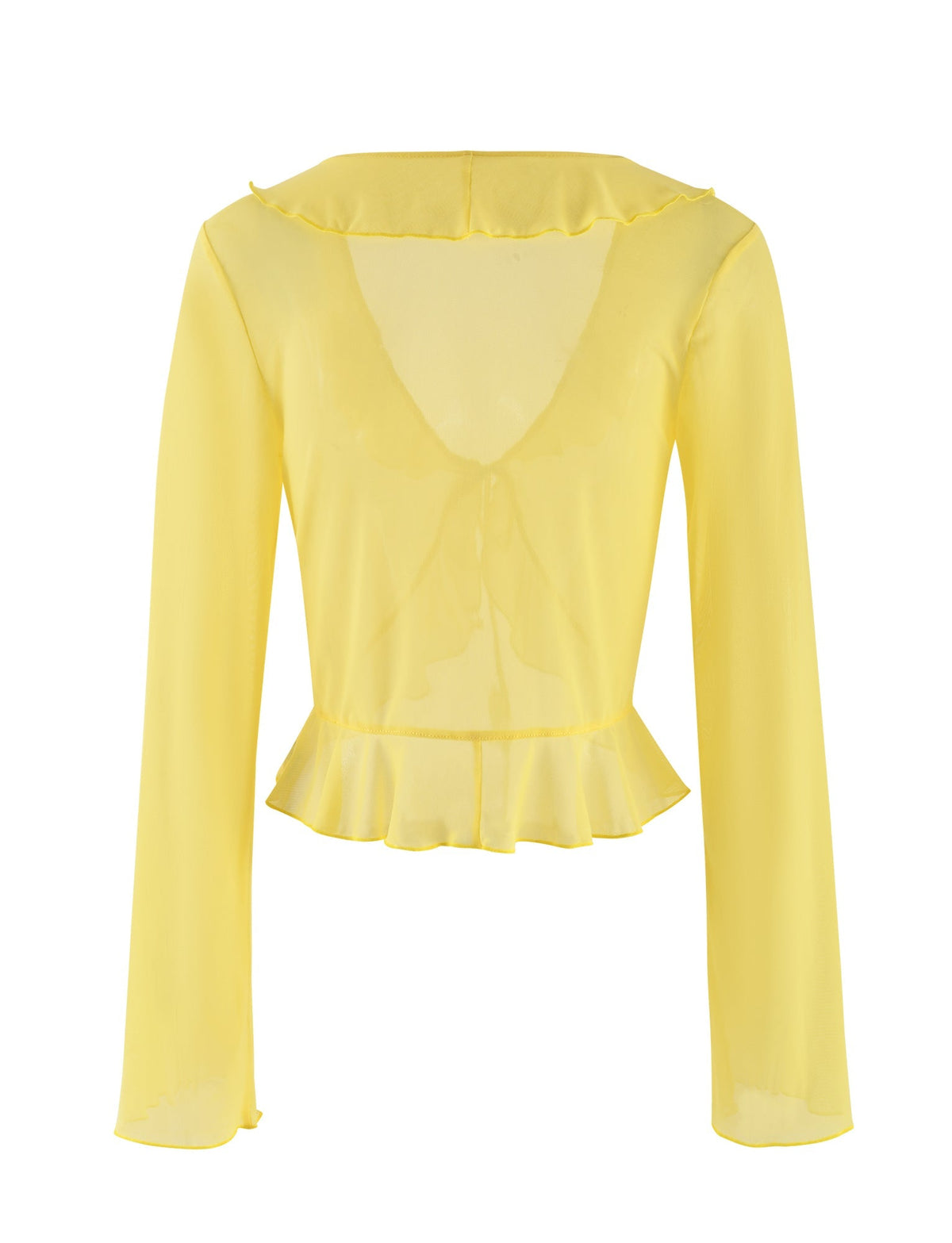 Introducing the CORVIN TOP - YELLOW : LEMON by TIGERMIST: a long-sleeve, sheer lemon blouse with a low V-neck and a refined ruffle neckline, complemented by a ruffled peplum hem. The fabric in this yellow colourway is translucent and lightweight, giving it a delicate and airy appearance.