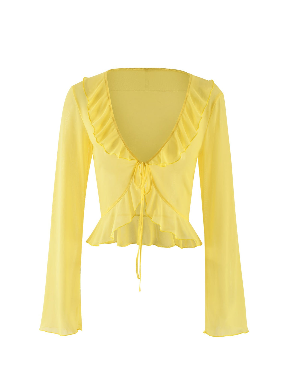 The CORVIN TOP - YELLOW : LEMON by TIGERMIST features a long-sleeved design in a vibrant yellow colorway. It boasts a V-neckline, ruffled collar, and a front tie closure. The blouse has a slightly cropped fit with charming ruffles along the hemline.