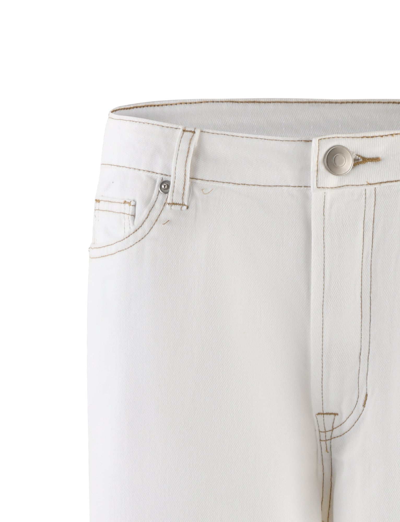 A close-up image of the upper half of a pair of FELIX JEAN - WHITE from TIGERMIST. The jeans feature a button closure, a coin pocket, and visible stitching details. The fabric appears clean and crisp, highlighting the simple and classic design of these pants.