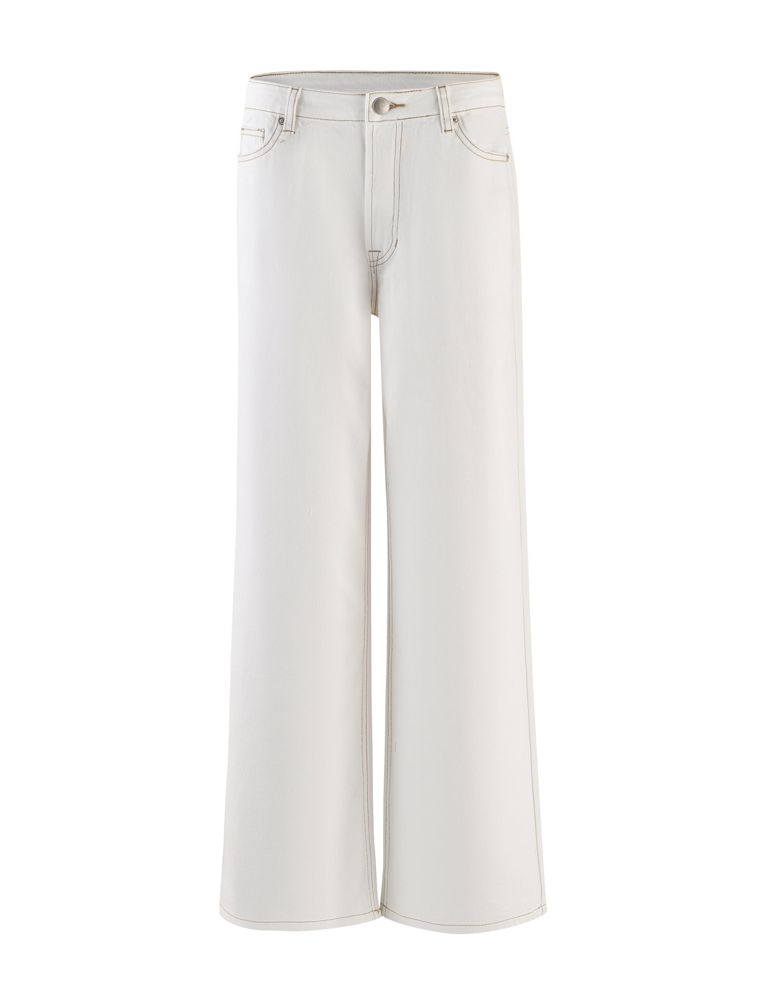 The FELIX JEAN - WHITE from TIGERMIST is a pair of wide-leg, high-waisted jeans featuring a single button and zip closure at the waist. They come with front and back pockets and subtle stitching details, offering a clean, minimalist look.
