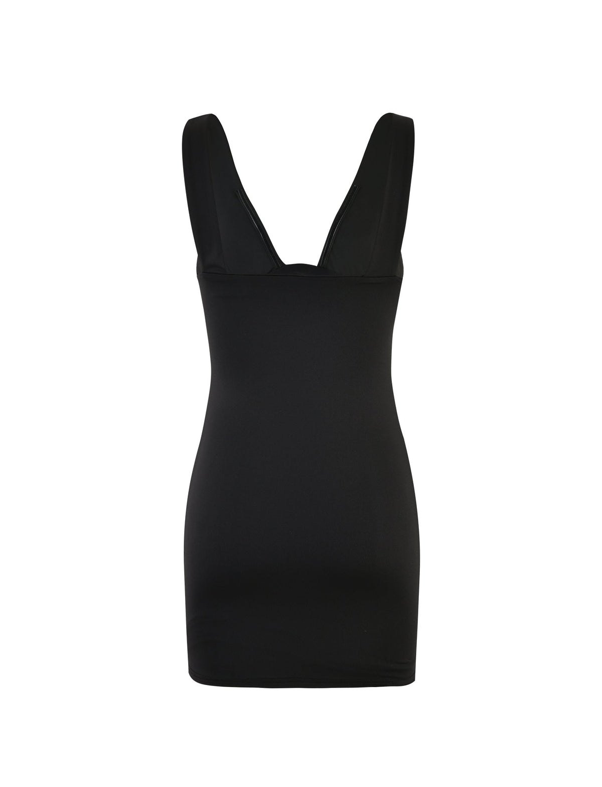 Introducing the LUNARIA MINI DRESS by TIGERMIST: a sleeveless, fitted black dress featuring a deep V neckline. This plain, pattern-free design is crafted to hug your body closely and falls to about mid-thigh length.