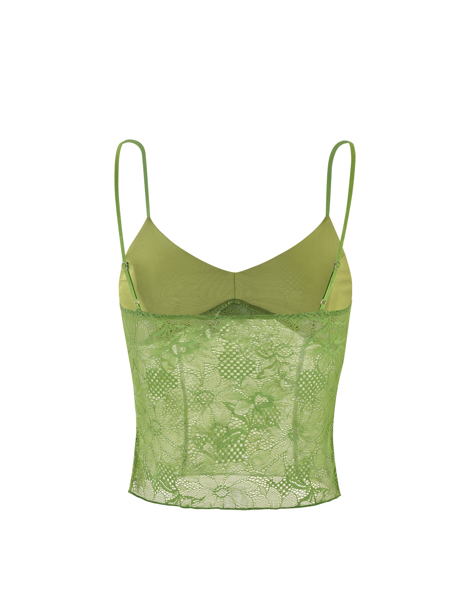 The SASKIA TOP - GREEN by TIGERMIST features a delicate floral lace pattern on the lower half and solid green fabric on top, with adjustable spaghetti straps. This elegant and feminine camisole is perfect for layering or wearing alone.