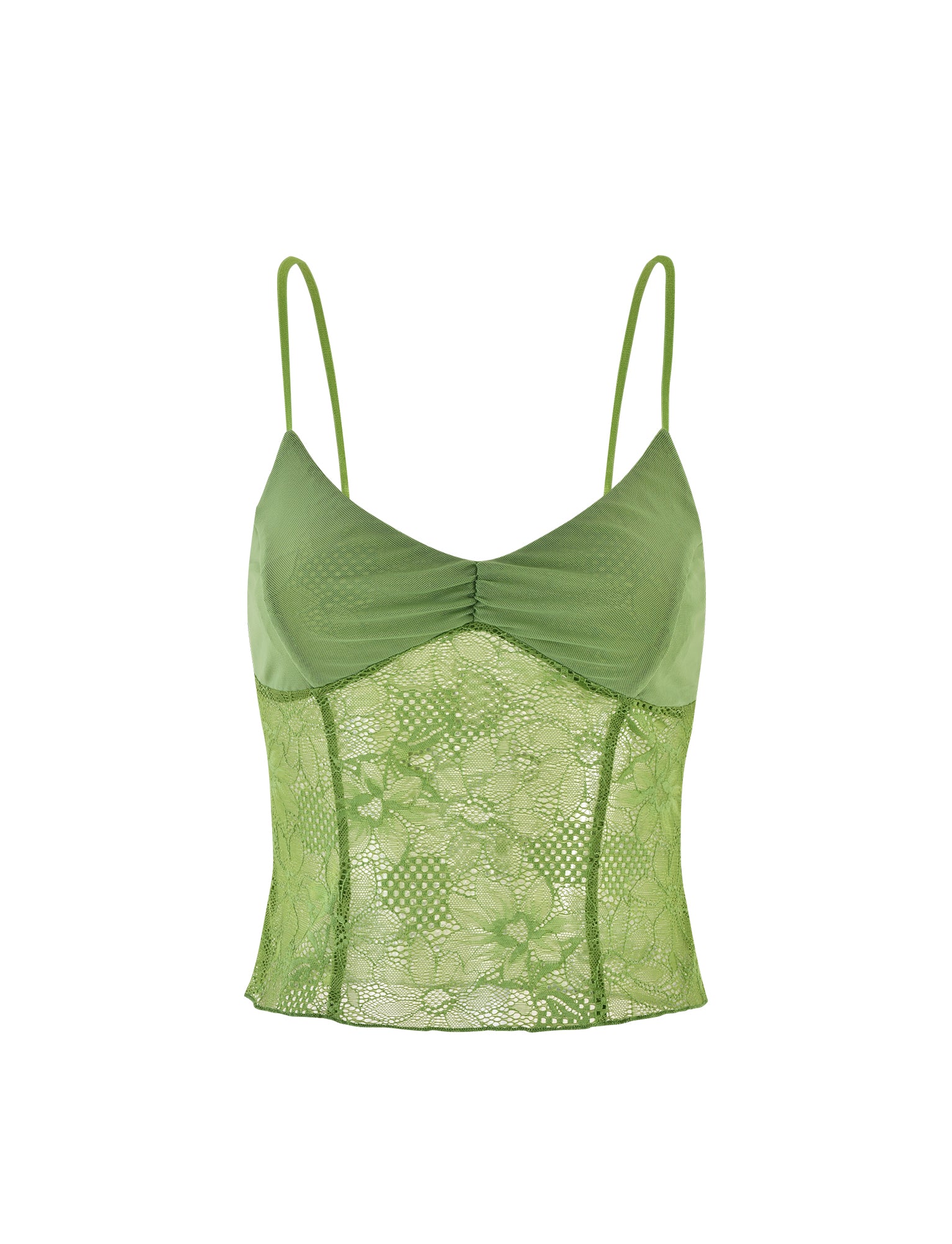 The SASKIA TOP - GREEN from TIGERMIST features thin spaghetti straps and a ruched bust detail. The lower half showcases a floral lace pattern, while the upper half is crafted from solid fabric, making for an elegant and lightweight design.