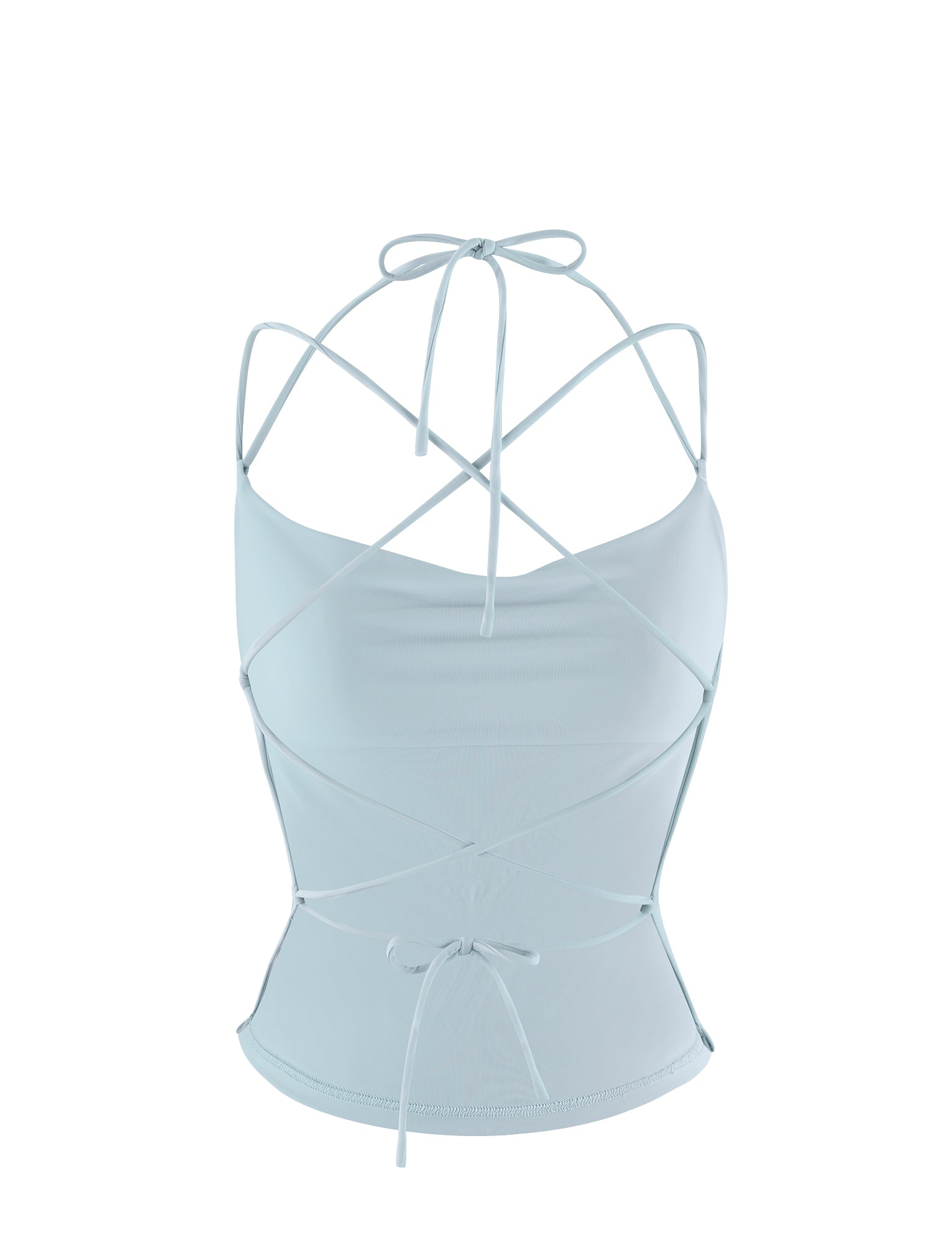 The Tiger Mist ZAIDA TOP in pastel blue is a light blue, sleeveless top featuring a criss-cross design with thin straps across the front and back. The smooth, slightly stretchy fabric provides comfort, while the tie closures at the neck and lower back allow for an adjustable fit.